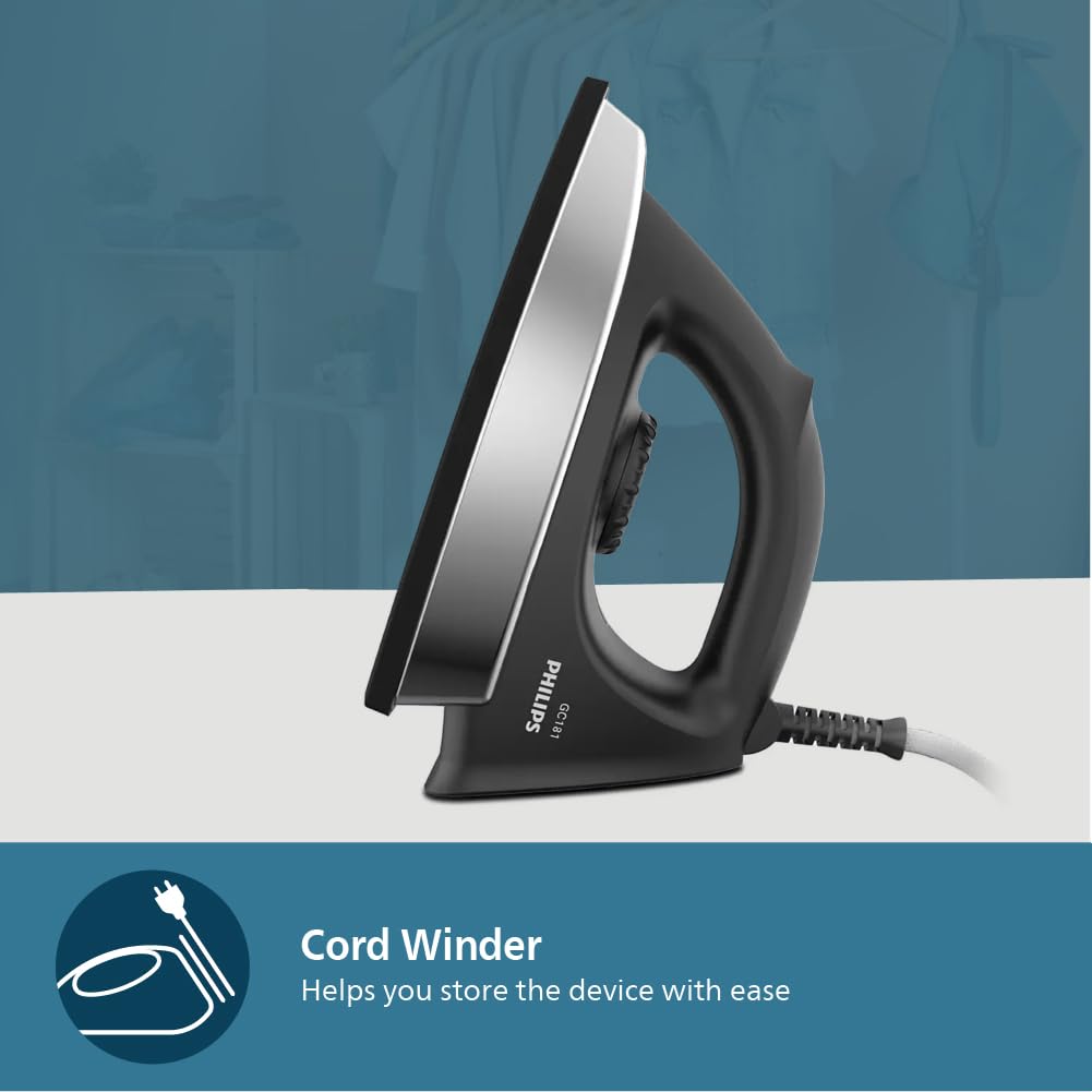 PHILIPS Stainless_Steel Heavyweight Dry Iron Gc181/8-1000 Watts Power, Black Non-Stick Soleplate, Ergonomic Grip - Image 3