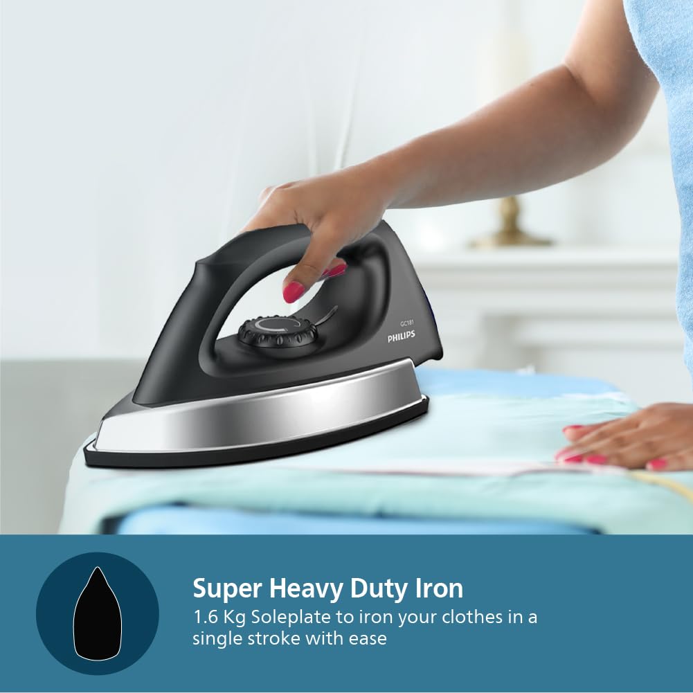 PHILIPS Stainless_Steel Heavyweight Dry Iron Gc181/8-1000 Watts Power, Black Non-Stick Soleplate, Ergonomic Grip - Image 5