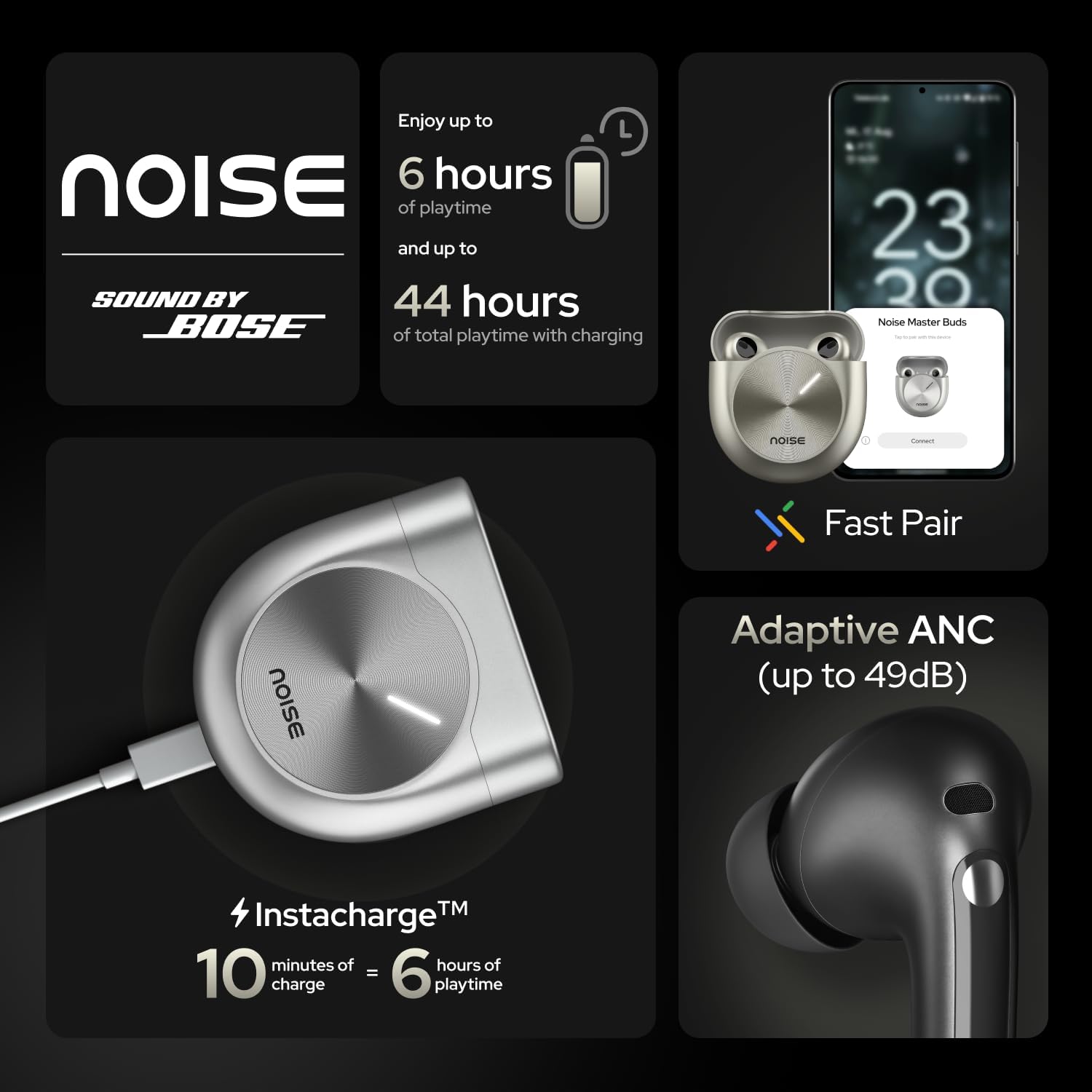 Noise Master Buds, Sound by Bose in-Ear Bluetooth Earbuds, Up to 49dB Adaptive ANC, LHDC 5.0, Immersive Spatial Audio, 44H Playtime with 6 mic ENC, Dual Pairing, IPX5 Ear Buds TWS (Titanium) - Image 2