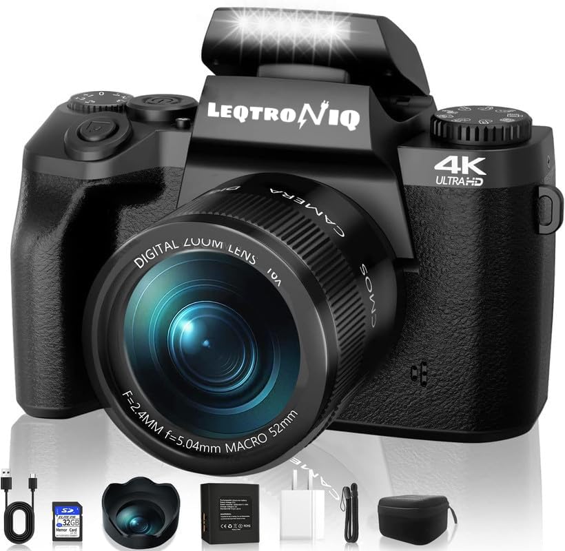LEQTRONIQ 4K Vlogging Digital Camera 64MP Mirrorless Cameras for Photography with Dual Camera, WiFi, 52mm Fixed Lens, 4.0" Touch Screen, 32GB SD Card & Camera Bag