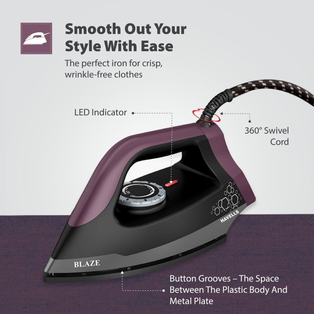 Havells Blaze Dry Iron 2 KG Heavy Weight Dry Iron| 1250W| American Heritage Non-stick Coated Sole Plate For Smooth Gliding & Long Life| Aerodynamic Design| 2 Year Manufacturer Warranty (Black) - Image 3