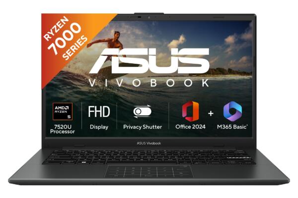 ASUS Vivobook Go 14, AMD Ryzen 5 7520U, 16GB RAM, 512GB SSD, FHD 14", Windows 11, Office Home 2024, M365 Basic (1Year)*, Black, 1.38kg, E1404FA-EB2542WS, AMD Radeon iGPU, 42WHrs, Thin & Light Laptop