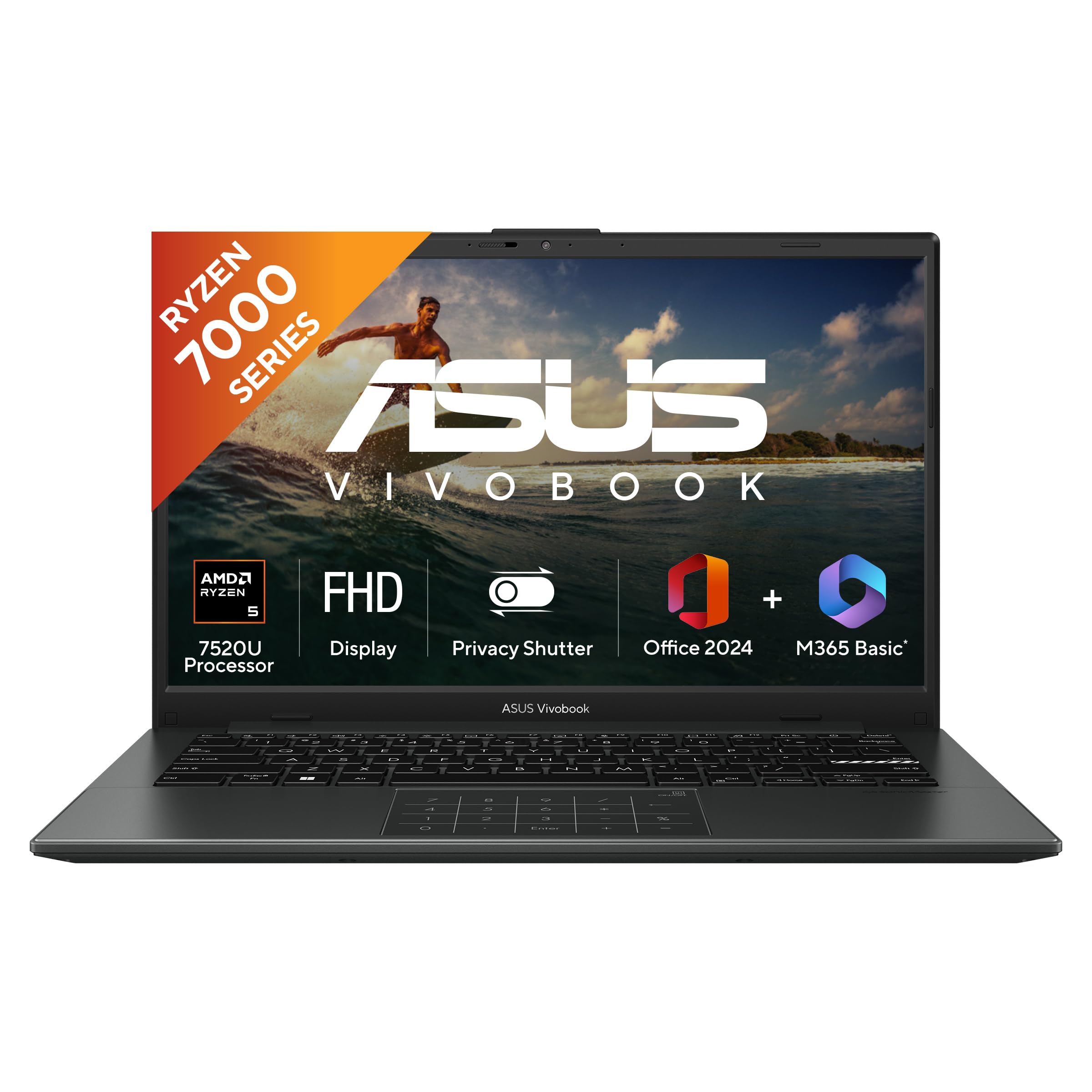 ASUS Vivobook Go 14, AMD Ryzen 5 7520U, 16GB RAM, 512GB SSD, FHD 14", Windows 11, Office Home 2024, M365 Basic (1Year)*, Black, 1.38kg, E1404FA-EB2542WS, AMD Radeon iGPU, 42WHrs, Thin & Light Laptop