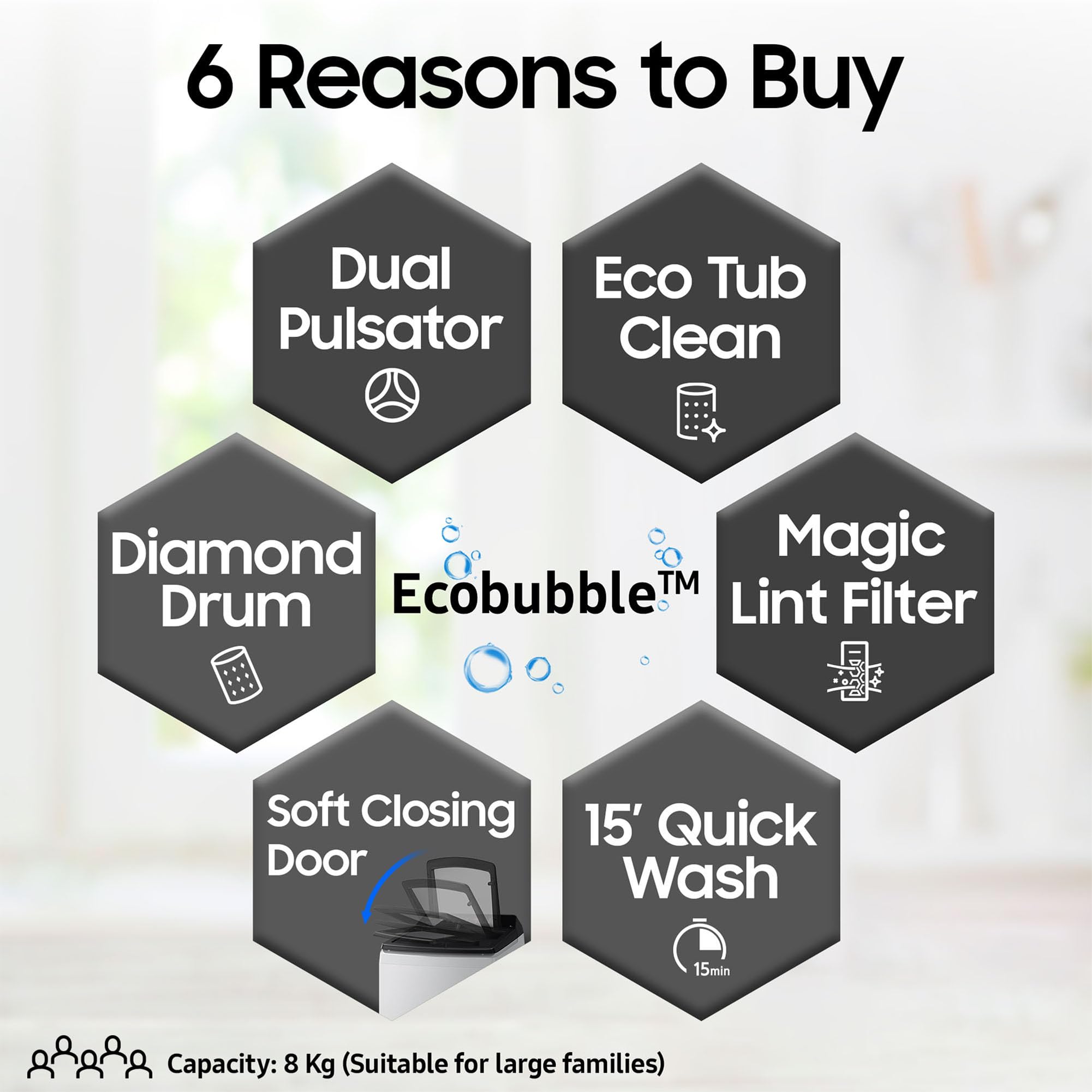 Samsung 8 kg, 5 star, Eco Bubble Tech, Digital Inverter Motor, Soft Closing Door, Fully-Automatic Top Load Washing Machine (WA80BG4441BGTL, Light Gray) - Image 15