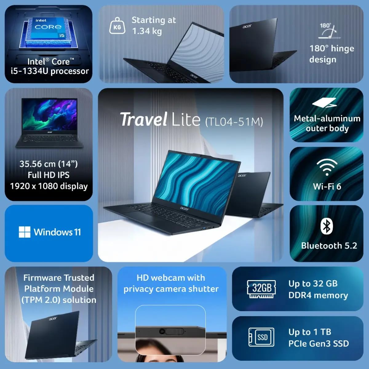 acer TravelLite Smart FHD TL04-51M Laptop, Intel Core i5 1334u 13th Gen 8 Core with 16GB Ram / 512GB NVMe SSD/Intel Iris Xe Graphics/Windows 11 / MS-Office / 14 Inch / 1 Year Brand Warranty - Image 9