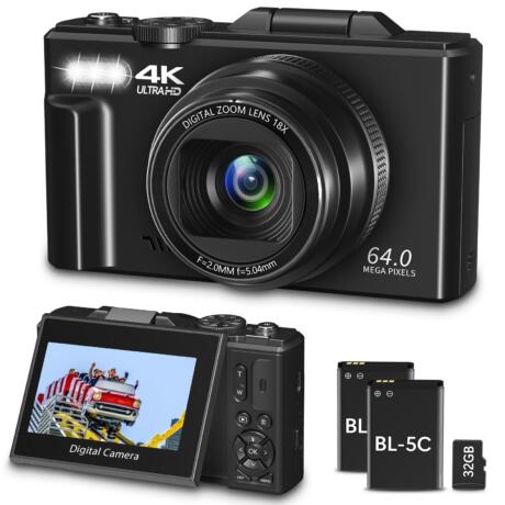 Digital Camera for Photography, WiFi 64MP 4K Vlogging Camera for YouTube, 3" 180° Flip Screen 18X Digital Zoom Compact Vlog Travel Cameras with 32GB TF Card & 2 Batteries, Black