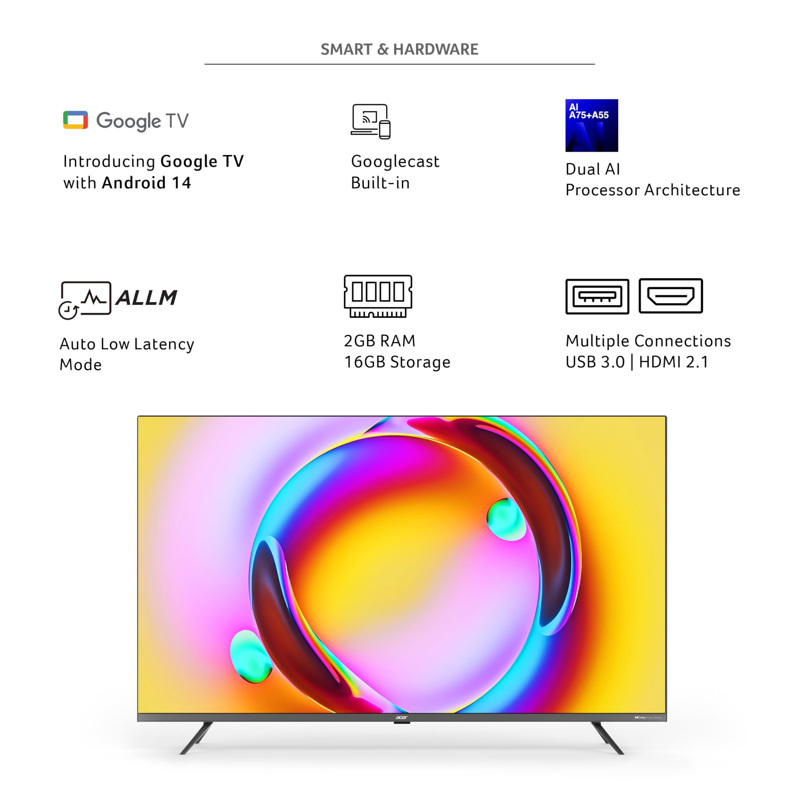 acer 139 cm (55 inches) Super Series 4K Ultra HD Smart QLED Google TV AR55QDXGU2875AT (Black) - Image 9