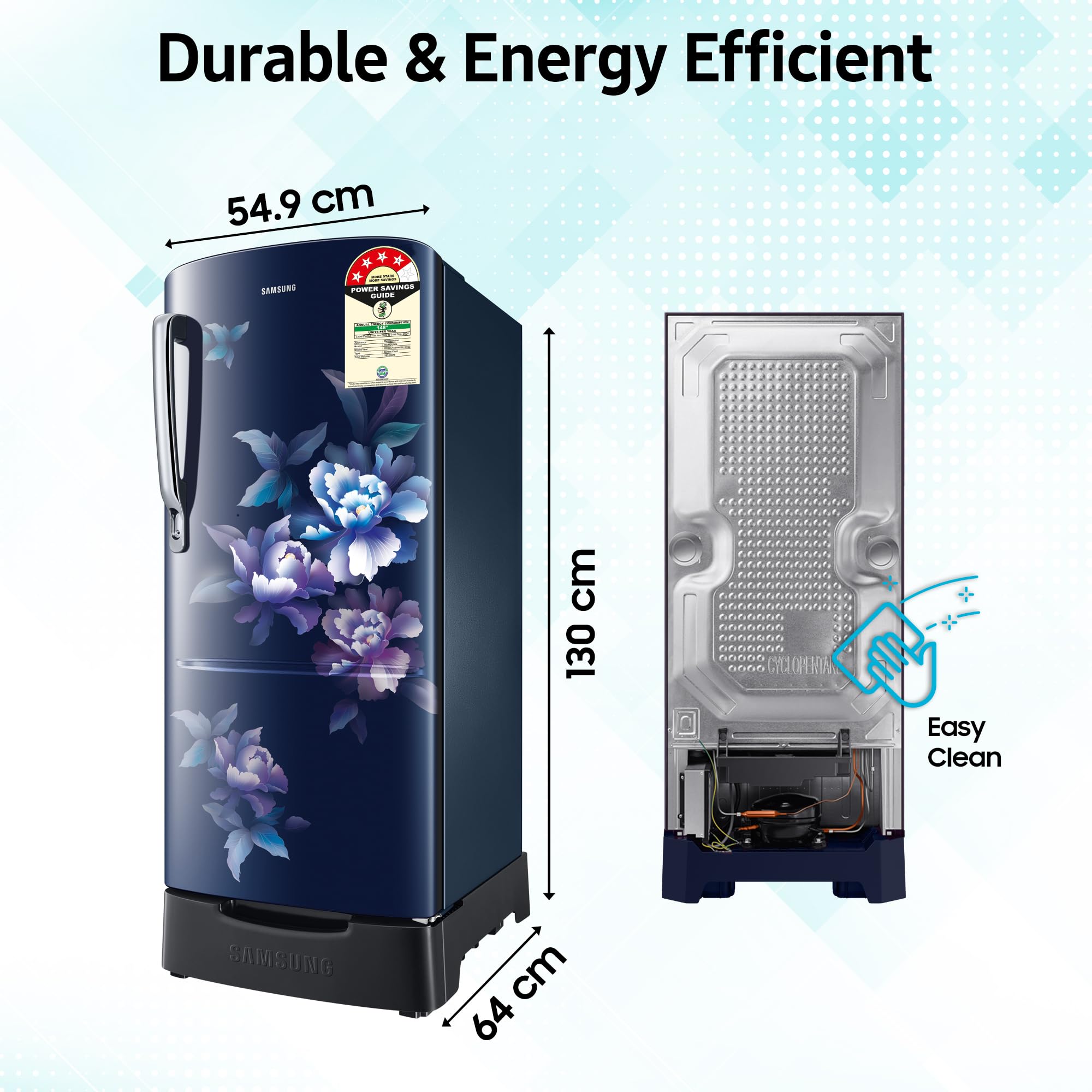 Samsung 183 L, 4 Star, Digital Inverter, Direct-Cool Single Door Refrigerator (RR20C1824HV/HL, Himalaya poppy Blue, Base Stand Drawer) - Image 7