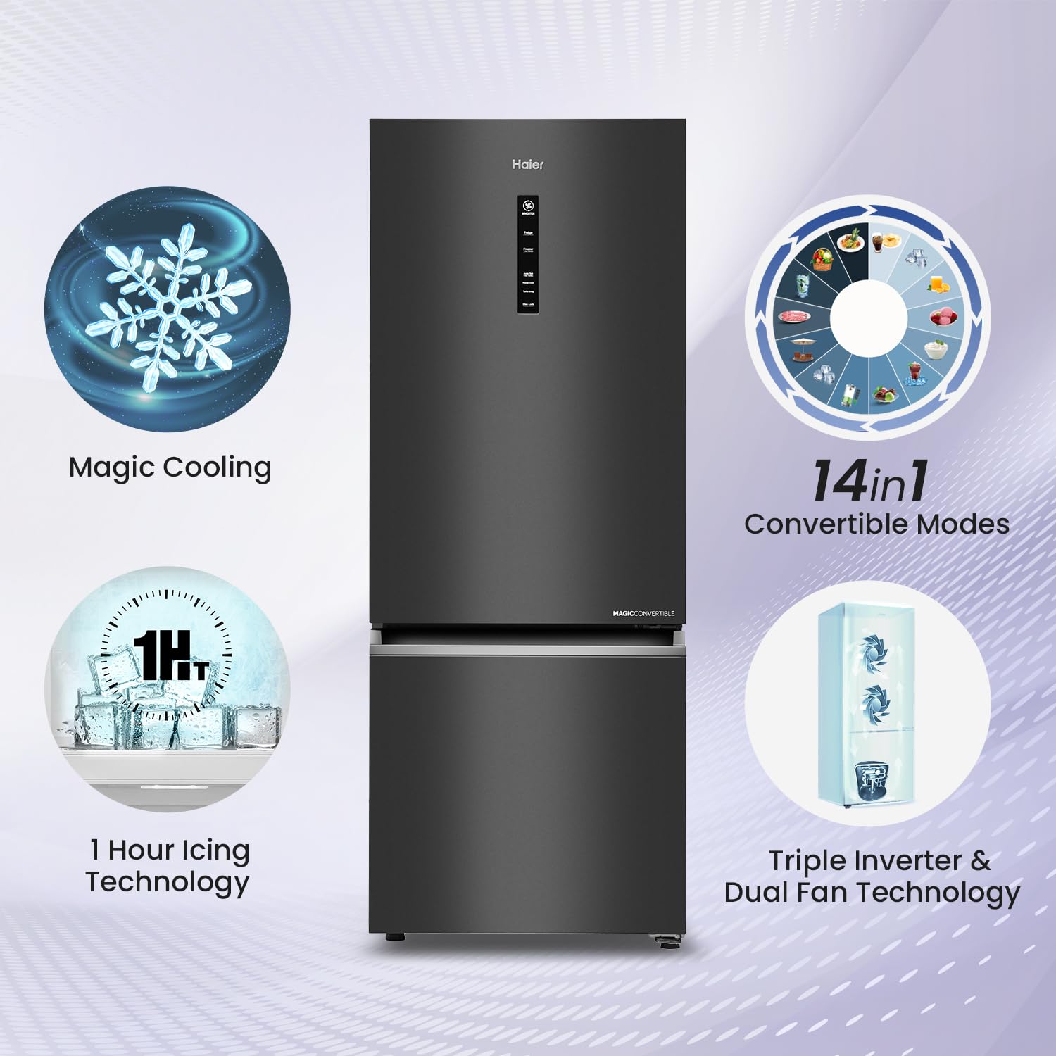 Haier 325 L 3 Star Frost Free Bottom Mount Double Door Refrigerator|Convertible 14-in-1|Jhukna Mat-Bottom Freezer|Digital Display Panel|Triple Inverter|Twist Ice Maker (HEB-333GB-P, Graphite Black) - Image 5