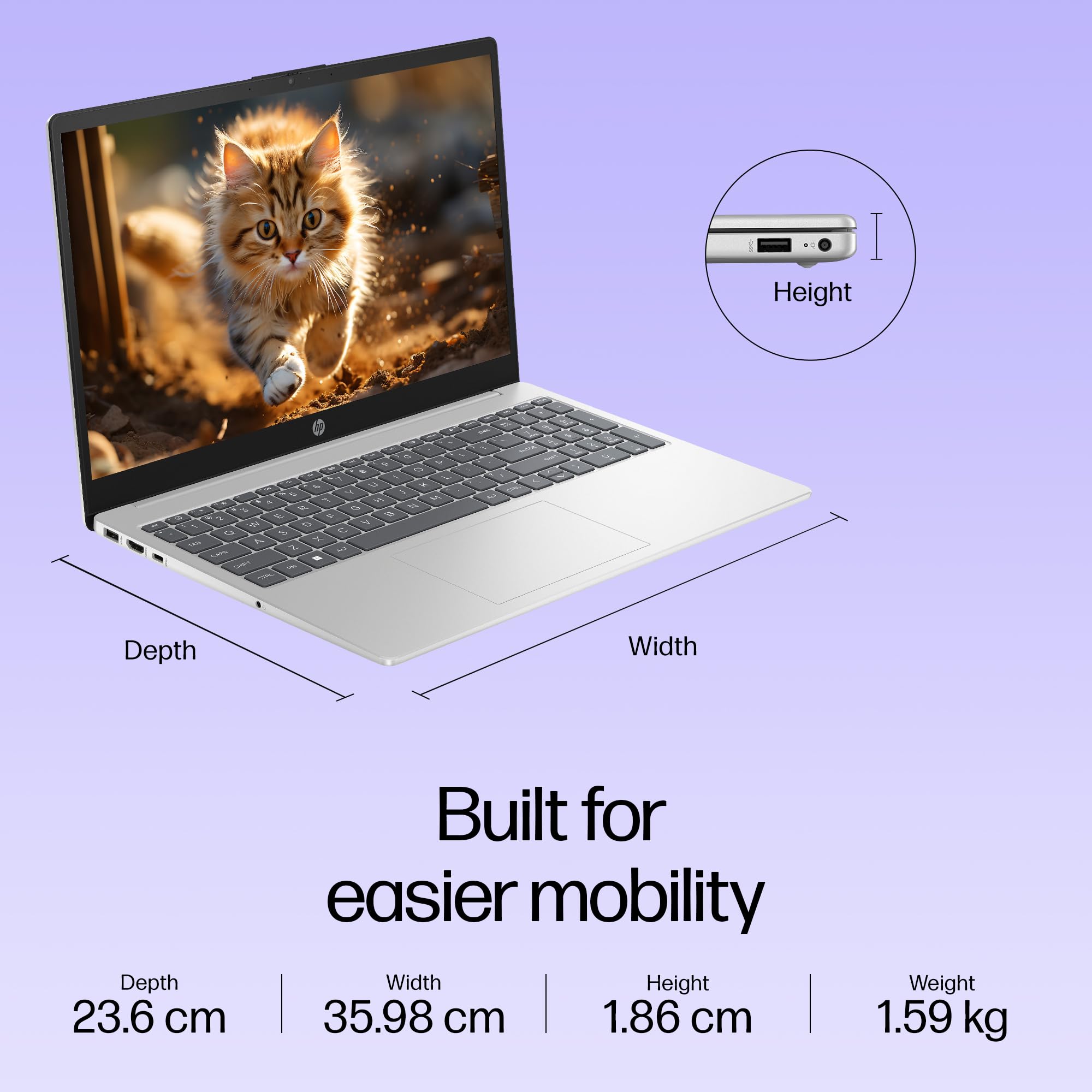HP 15, 13th Gen Intel Core i3-1315U (12GB DDR4, 512GB SSD) FHD, Anti-Glare, Micro-Edge, 15.6''/39.6cm, Win11, M365 Basic(1yr)* Office24, Silver, 1.59kg, fd0573TU, FHD Camera w/Shutter Laptop - Image 4