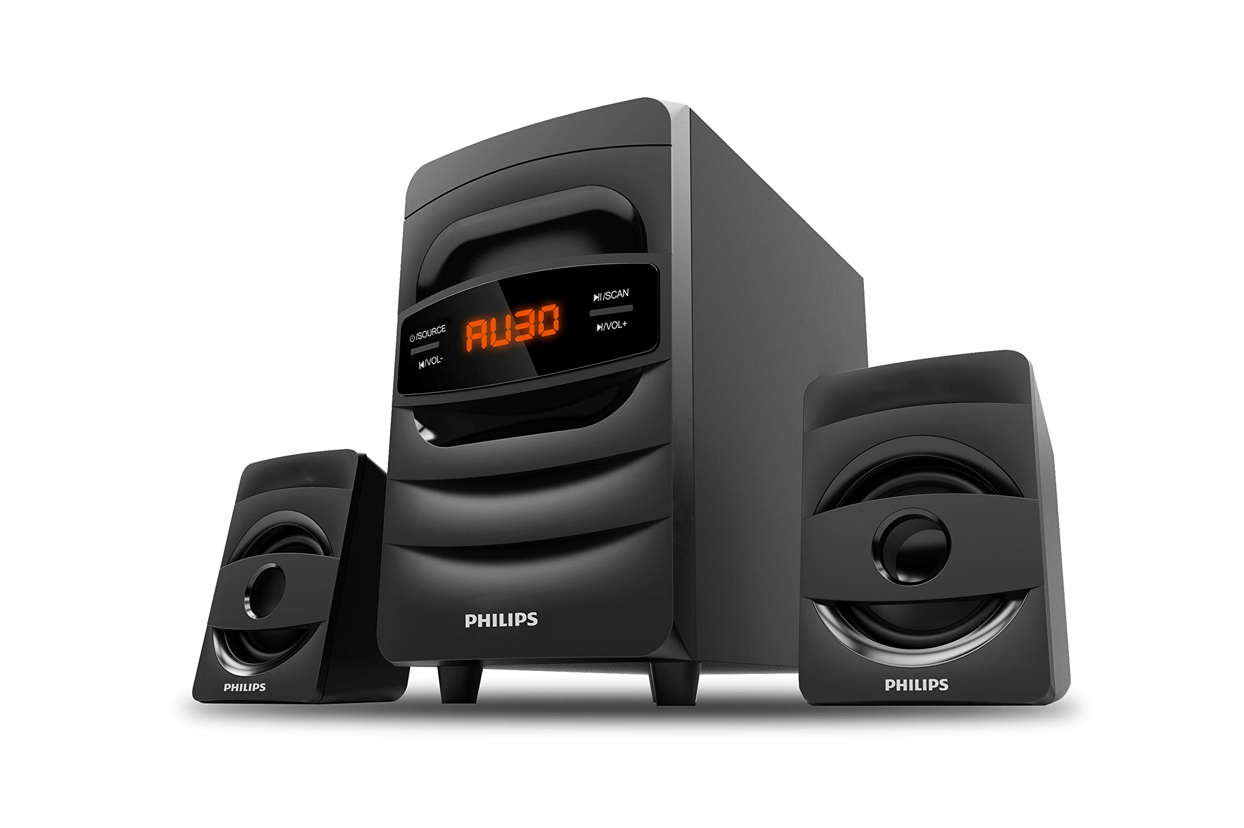 PHILIPS Audio MMS2625B 2.1 Channel, 31 W, Bluetooth Connectivity, Wired Multimedia Computer Speaker, FM, USB, Audio in Speakers, 15mm Subwoofer, Wide Compatibility - MP3 Player, TV, PC (Black)