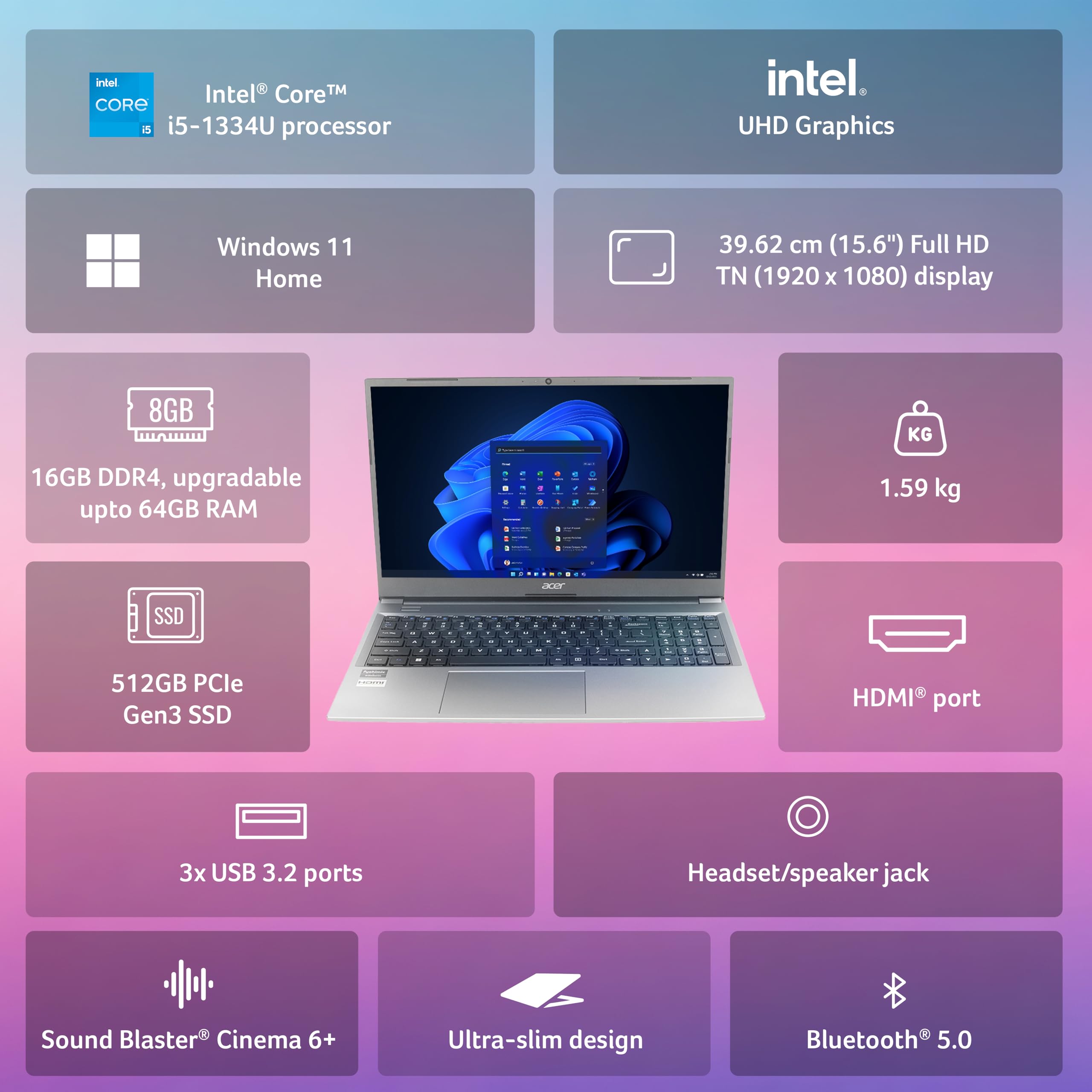 Acer Aspire Lite, Intel Core i5 13th Gen - 1334U, 16GB RAM, 512GB SSD, Full HD 15.6"/39.62 cm, Windows 11 Home, MS Office, Steel Gray, 1.59 KG, AL15-53, Metal Body, Thin and Light Premium Laptop - Image 2