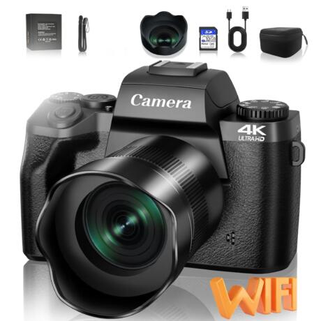 Digital Camera, 4K 64MP WiFi Touch Screen Vlogging Camera, 32GB SD Card, Lens Hood, Dual Cameras, 3000mAh Battery, 4" Display - Black