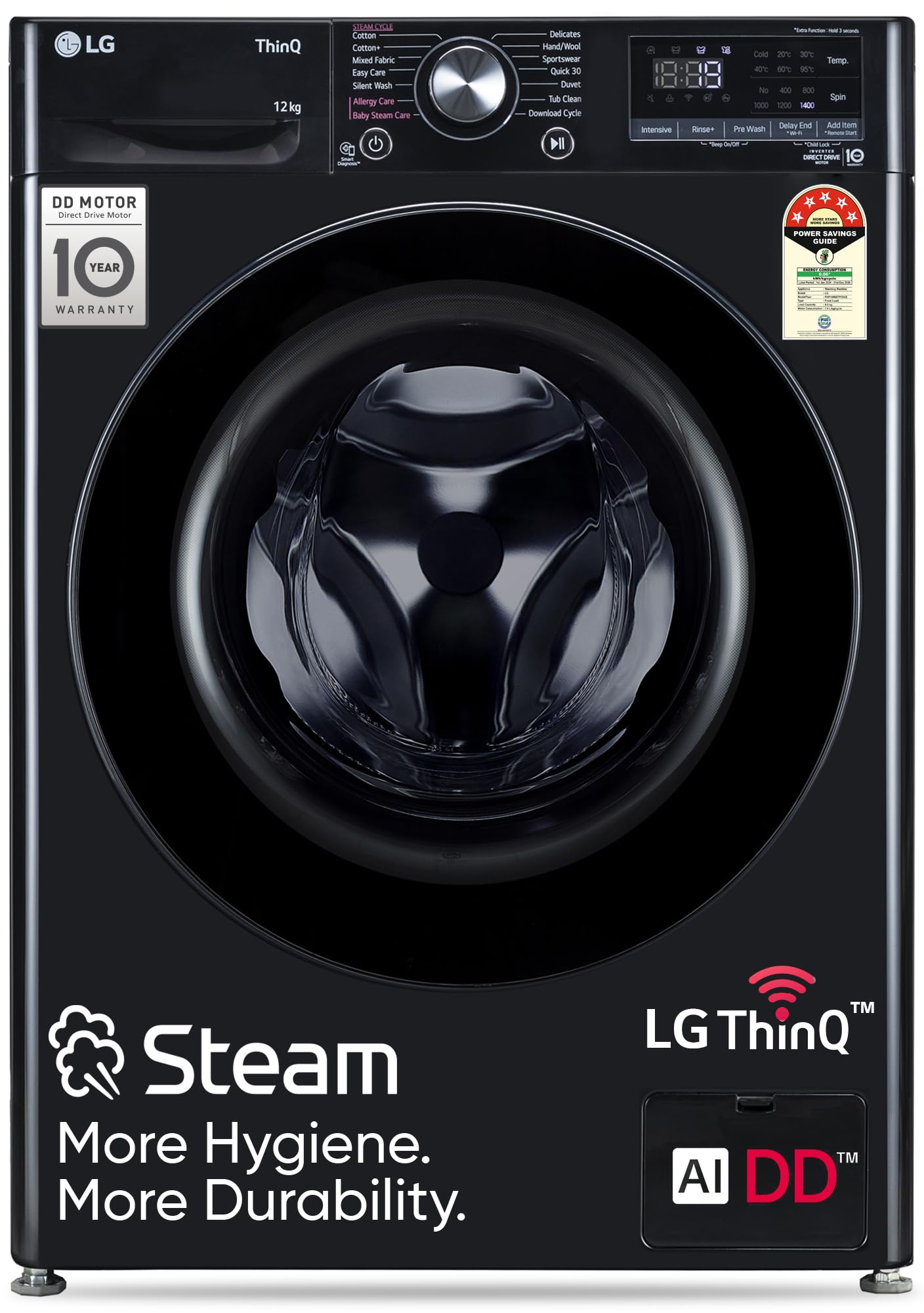 LG 12 Kg, 5 Star, AI Direct Drive Technology, Wi-Fi, Steam Fully Automatic Front Load Washing Machine (FHP1412Z5O, Intelligent & Convenient Fabric Care, Allergy Care, Remote Control, Onyx Black)