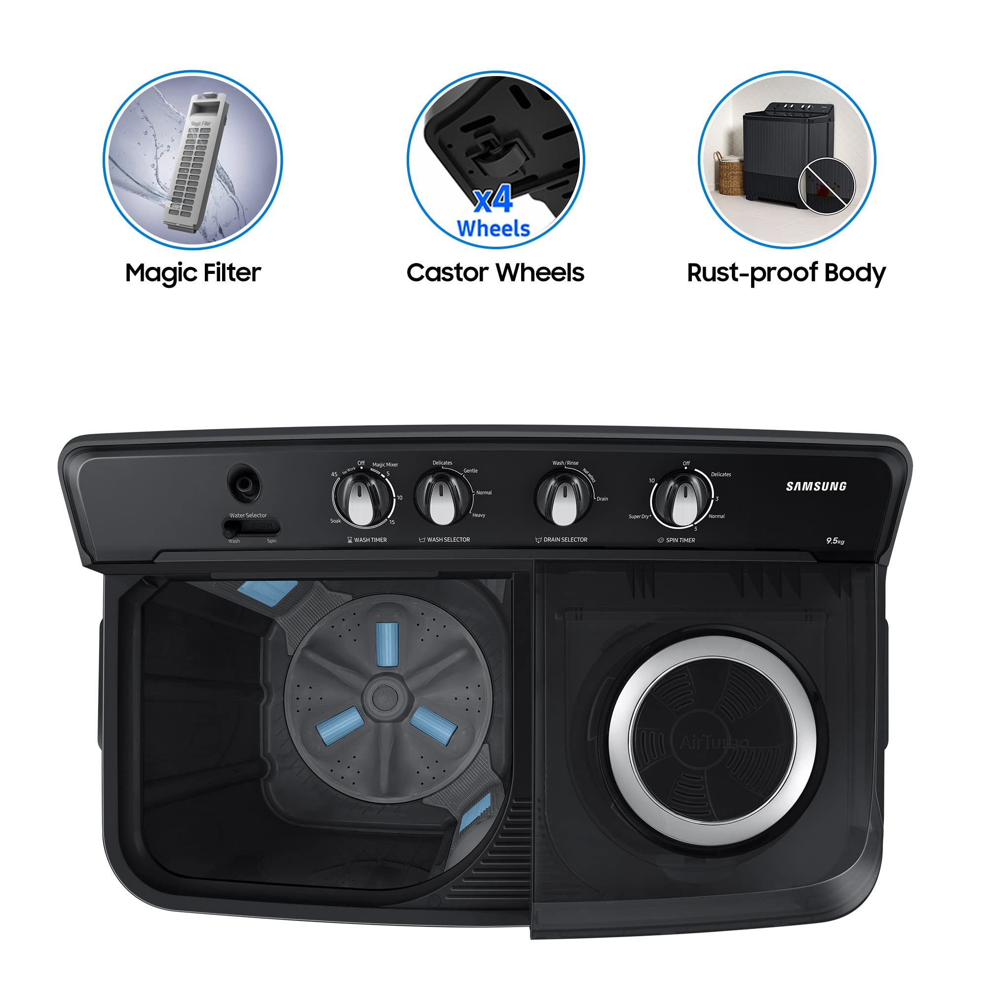 Samsung 9.5 Kg, 5 Star, Semi-Automatic Top Load Washing Machine (WT95A4260GD/TL, Air Turbo Drying, Dark Gray, 5 Year Warranty on Wash Motor) - Image 8