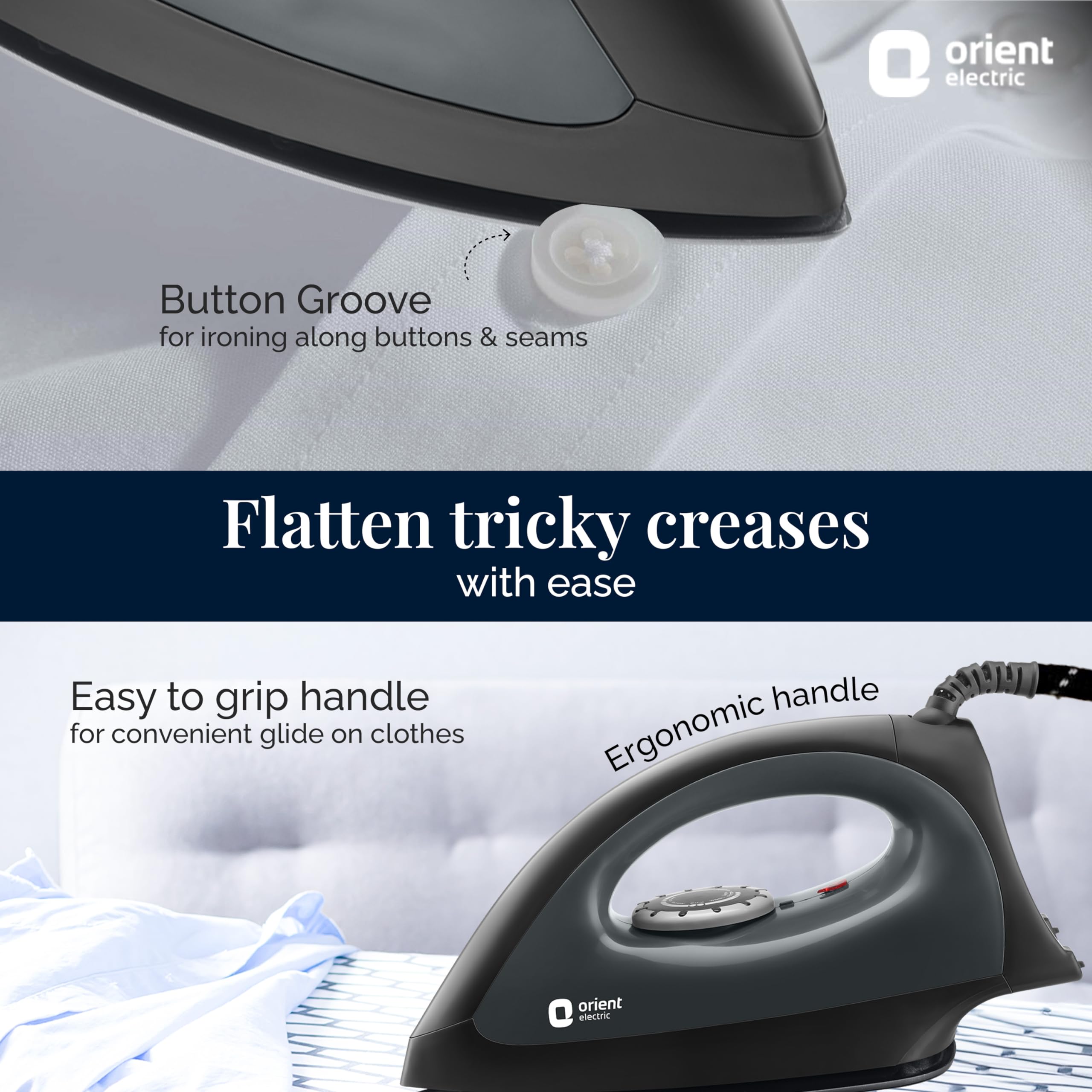 Orient electric Gusto Heavy Weight Iron for Clothes | 1100 Power | Cool Touch Plastic Body | with Wielburger Non-Stick Coating| 2 Years Replacement Warranty - Image 3