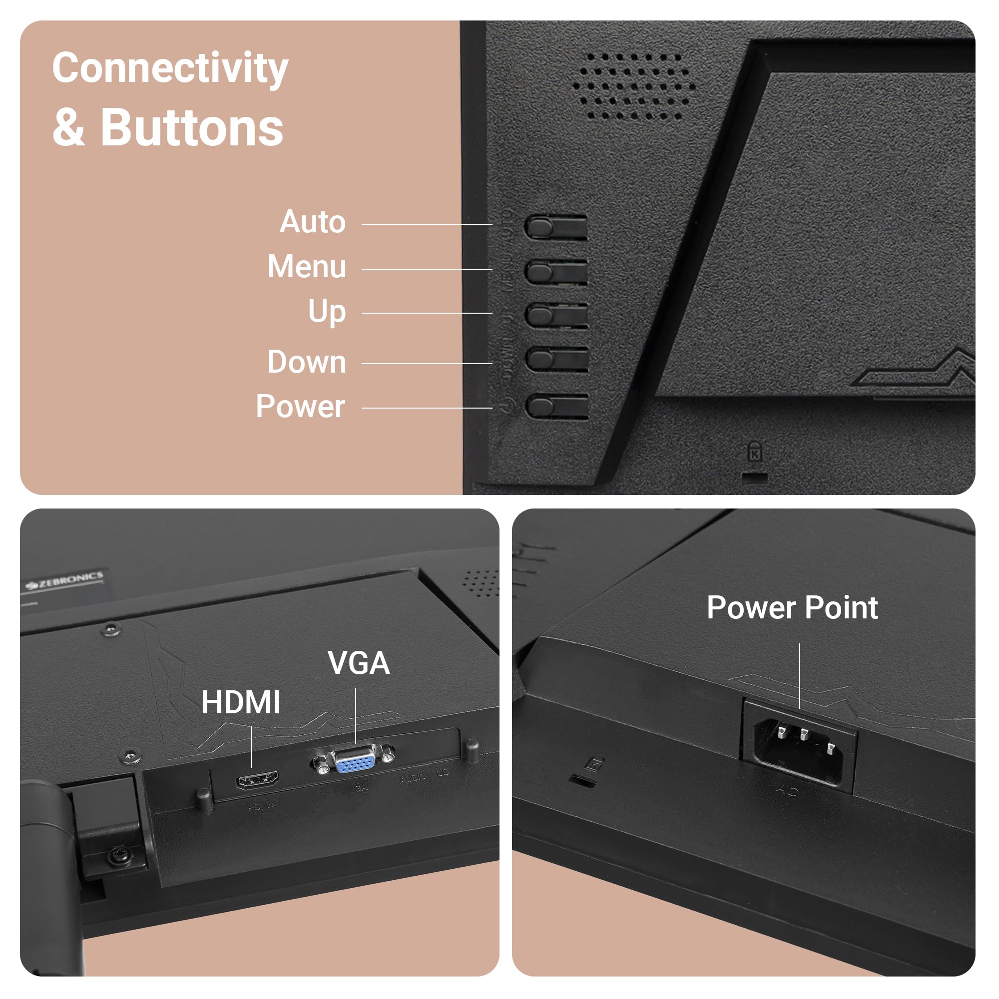 ZEBRONICS V22HD+LED, 22 Inch (55.8cm) LED Monitor, Dual HDMI & VGA Input, HD+1680 x 1050, 220nits Brightness, 5000000:1 Dynamic Contrast Ratio, 16.7M Colors,16:10 Aspect Ratio, Wall Mountable - Image 3