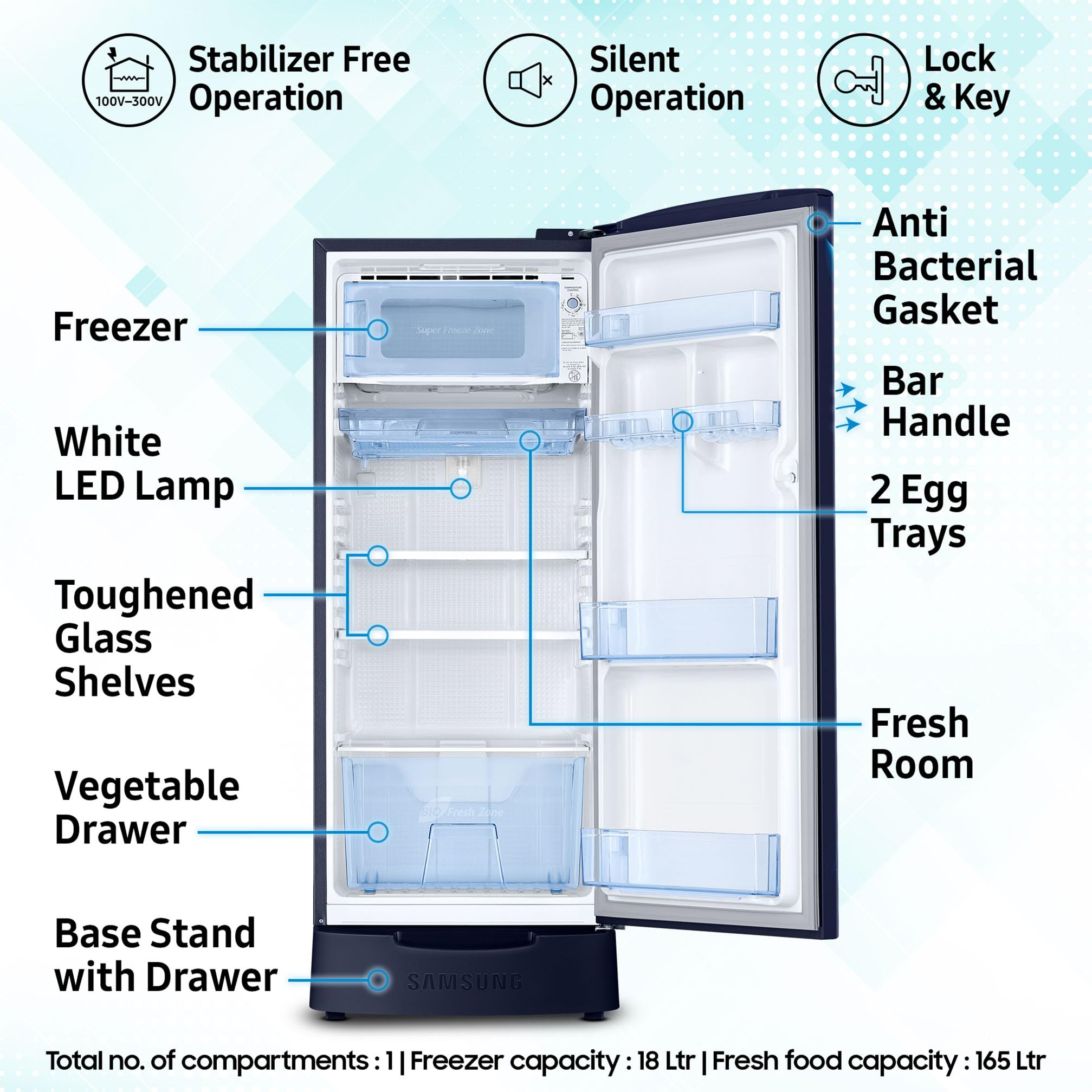 Samsung 183 L, 5 Star, Digital Inverter, Direct-Cool Single Door Refrigerator (RR20D2825HV/NL, Himalaya Poppy Blue, Base Stand Drawer) - Image 5
