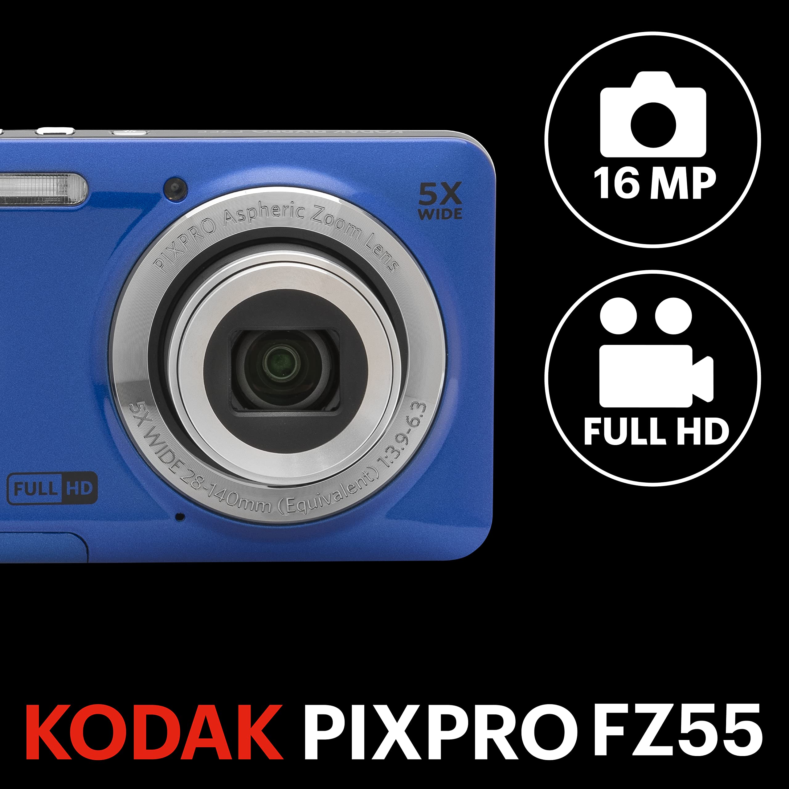 KODAK PIXPRO FZ55-BL 16MP Digital Camera 5X Optical Zoom 28mm Wide Angle 1080P Full HD Video 2.7" LCD Vlogging Camera (Blue) - Image 5