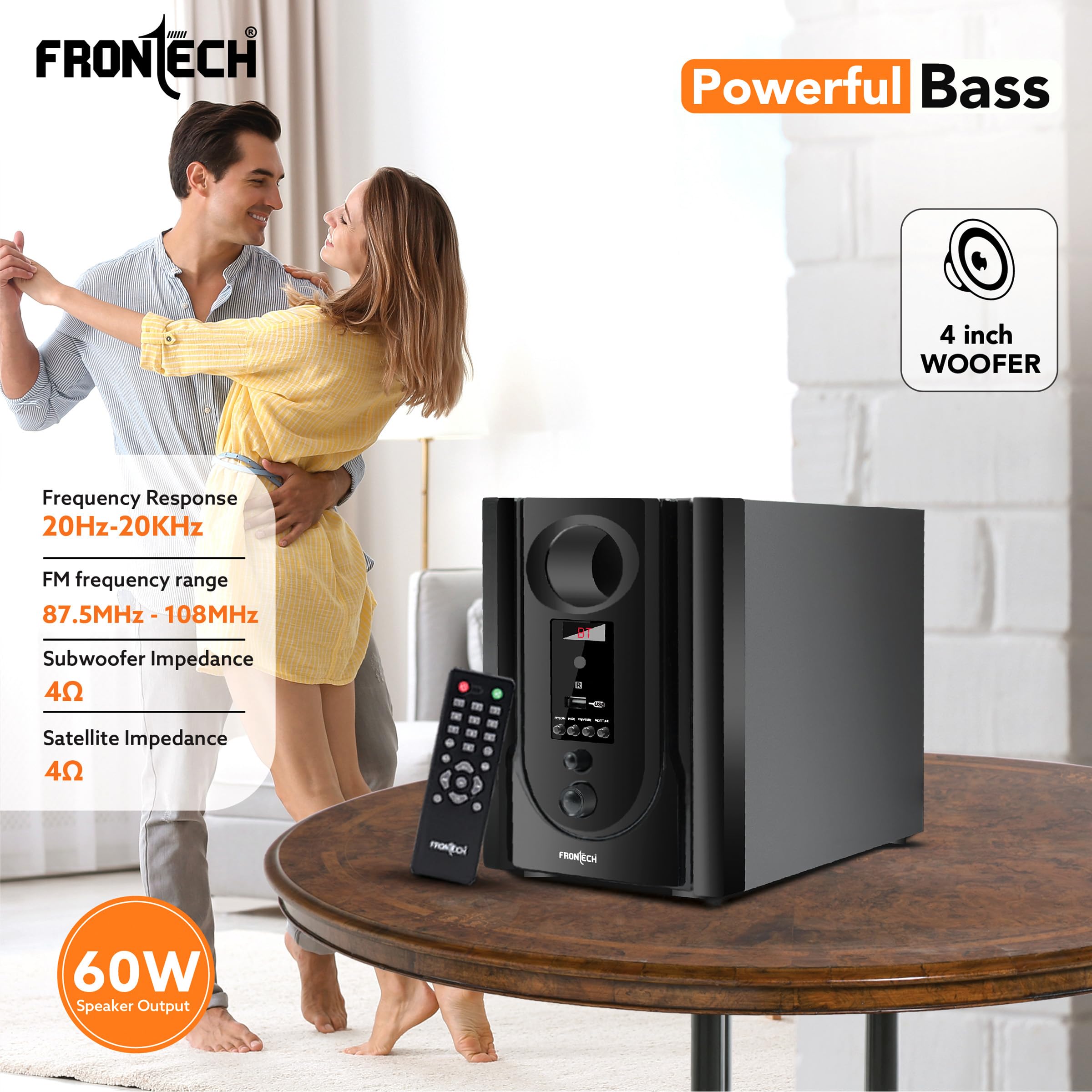 FRONTECH 4.1 Channel Speaker System | Bluetooth 5.0-60W Output, USB|BT|FM Support|LED Display, (3366 - Black) - Image 6