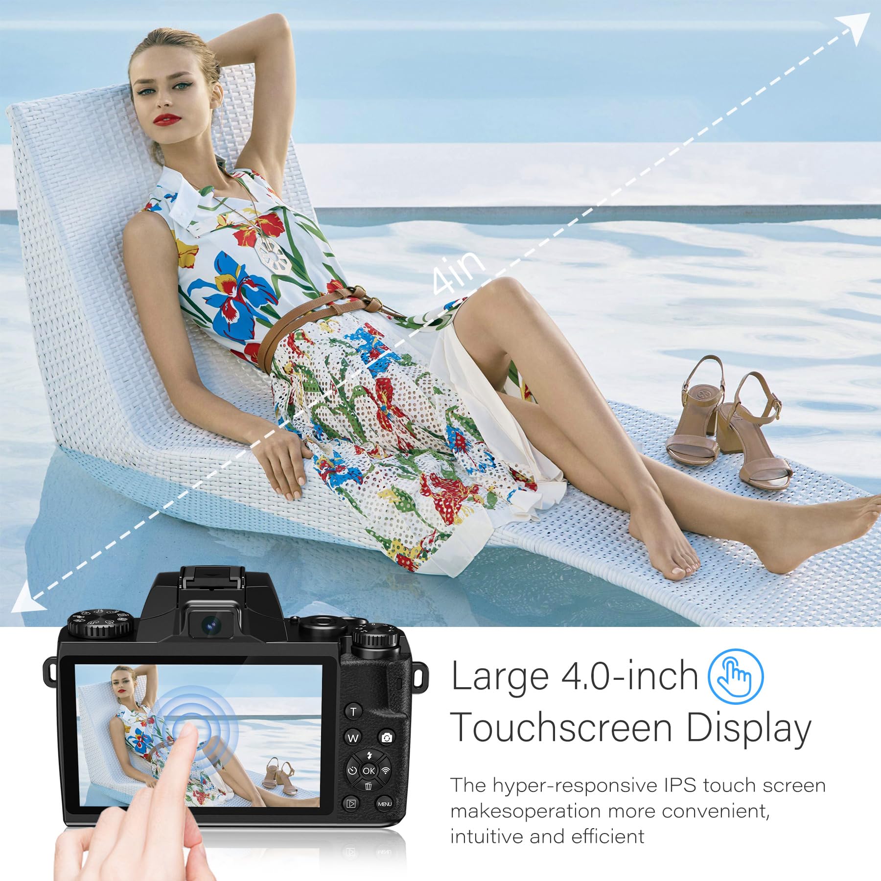 Saneen Digital Camera for Photography, 4K 64MP WiFi Touch Screen Vlogging Camera with Flash, 32GB Micro Card, Lens Hood, 3000mAH Battery, Front and Rear Cameras, 4″Big Screen, Hot Shoe Interface-Black - Image 8