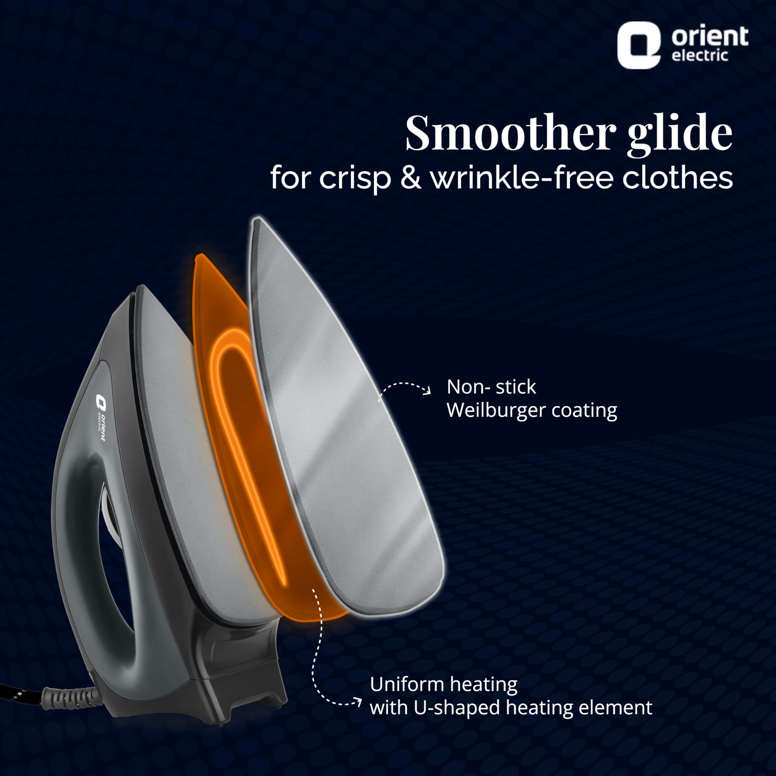 Orient electric Gusto Heavy Weight Iron for Clothes | 1100 Power | Cool Touch Plastic Body | with Wielburger Non-Stick Coating| 2 Years Replacement Warranty - Image 6