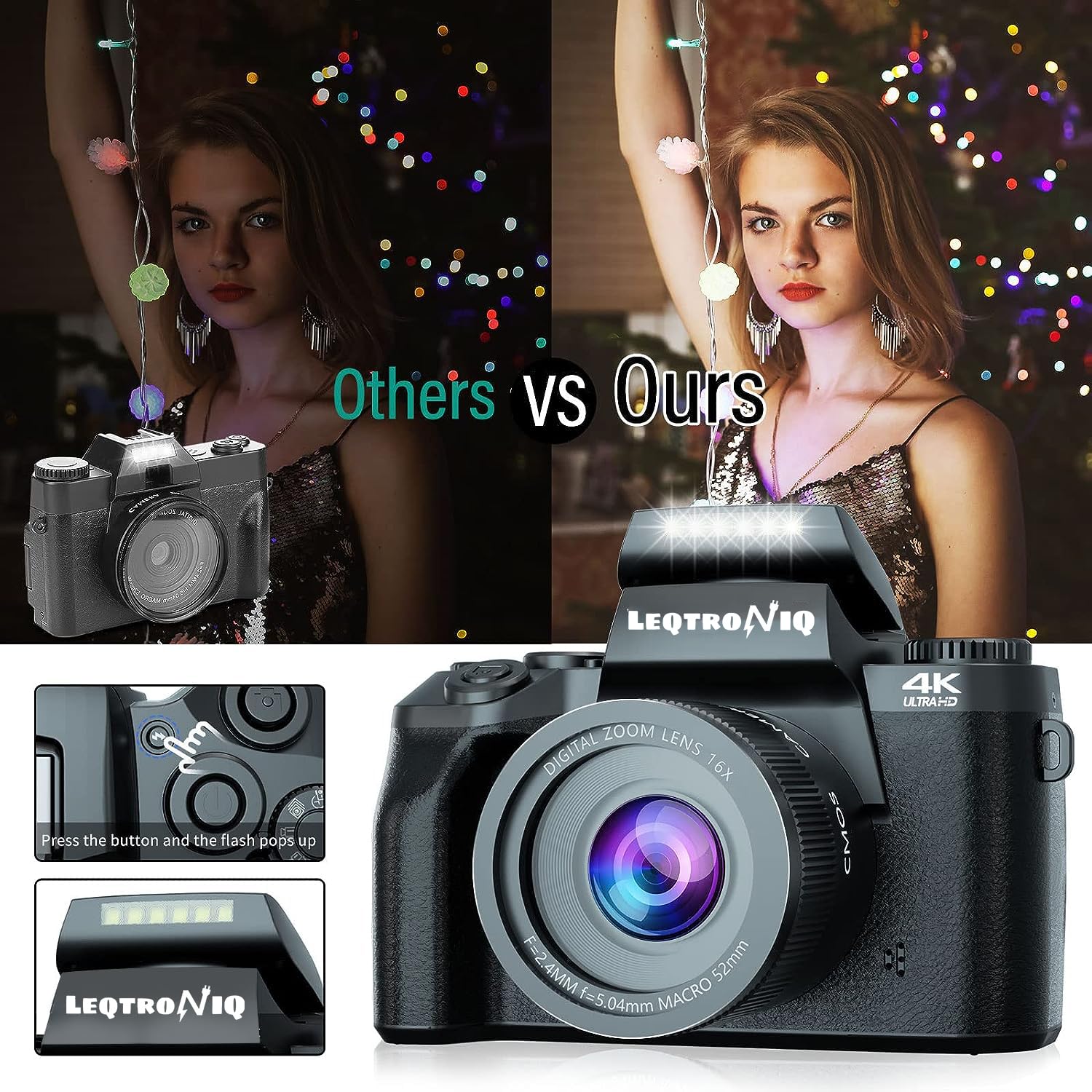 LEQTRONIQ 4K Vlogging Digital Camera 64MP Mirrorless Cameras for Photography with Dual Camera, WiFi, 52mm Fixed Lens, 4.0" Touch Screen, 32GB SD Card & Camera Bag - Image 2