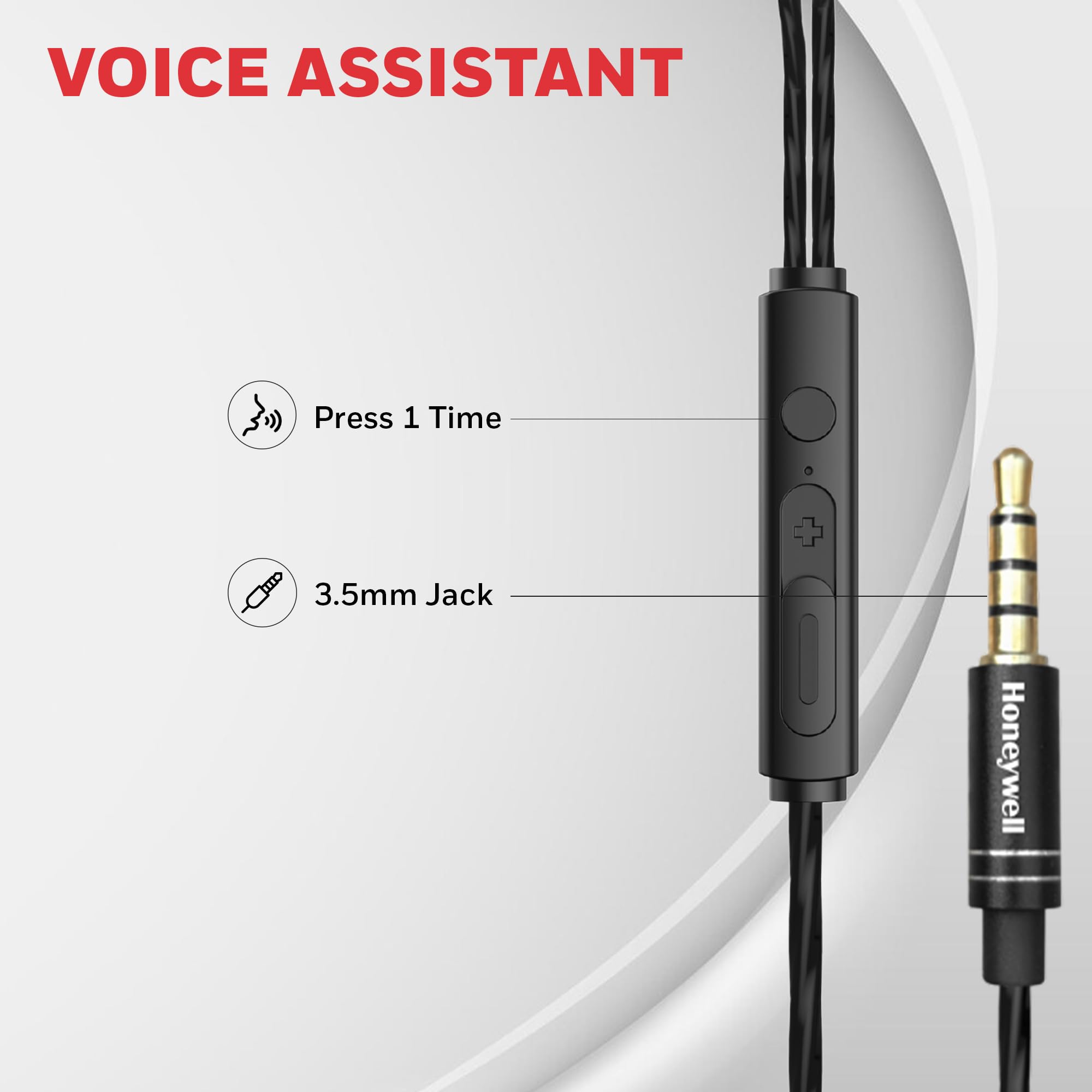 Honeywell Moxie V50 Wired Earphones with Built in Mic, 10mm*2 Drivers, Passive Noise Cancellation, Deep Bass & Clear Sound, Ultra HD Mic Quality, 3.5mm AUX, Voice Assistant Enabled, 1.2 Mtr - Image 4
