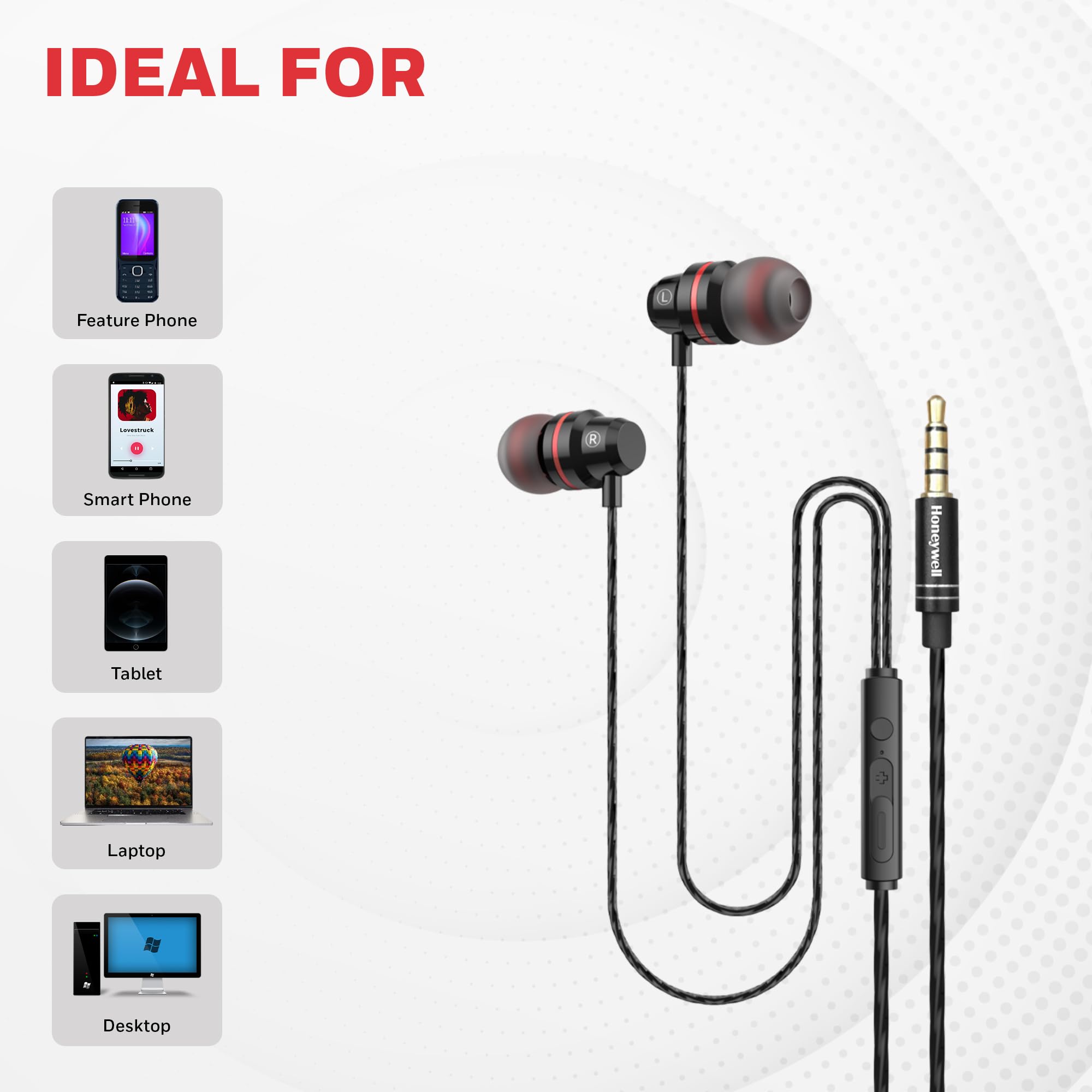 Honeywell Moxie V50 Wired Earphones with Built in Mic, 10mm*2 Drivers, Passive Noise Cancellation, Deep Bass & Clear Sound, Ultra HD Mic Quality, 3.5mm AUX, Voice Assistant Enabled, 1.2 Mtr - Image 5