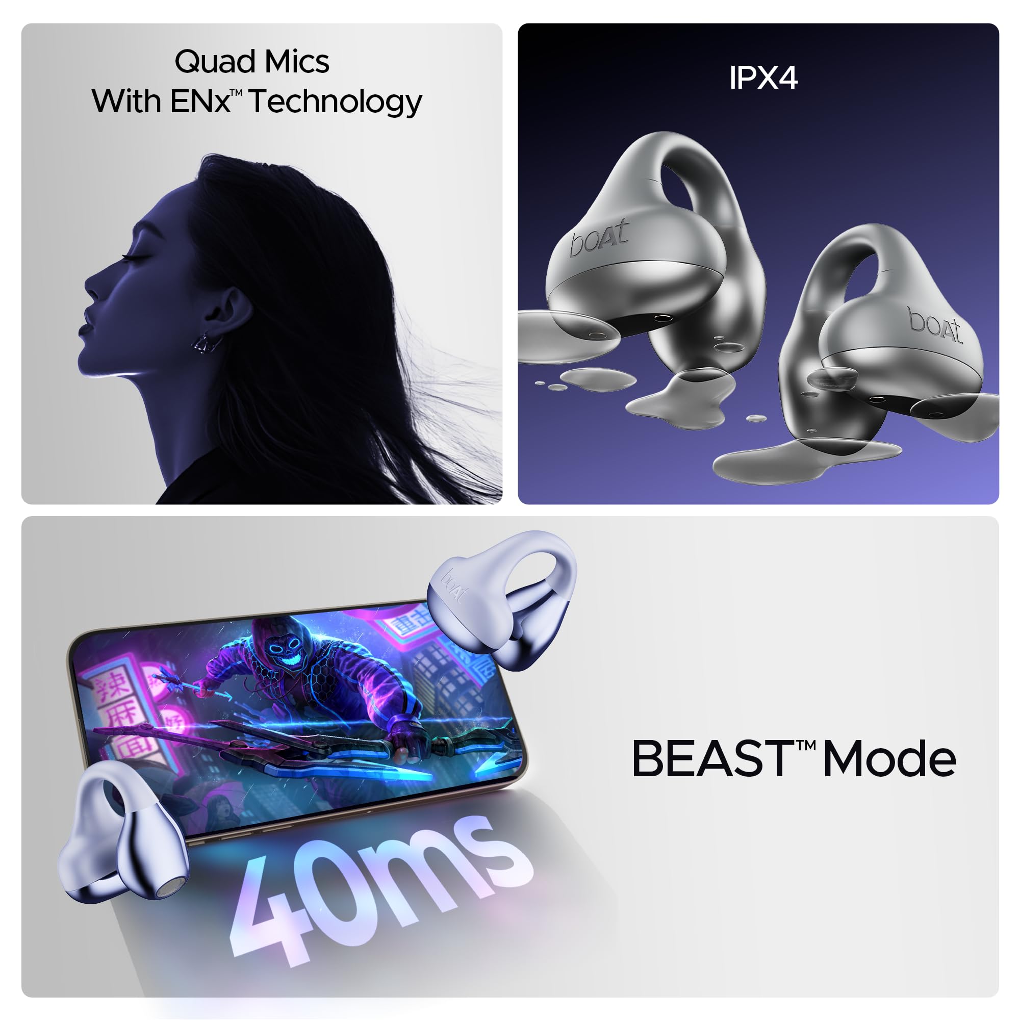 boAt Airdopes Loop Bluetooth in Ear Earbuds W/Clip-On Fit, Air Conduction Tech, 50HRS Battery, 4Mics Enx, Dual EQ Modes, 12Mm Drivers, 40Ms Latency,ASAP Charge,OWS Ear Buds Earphones(Lavender Mist) - Image 10