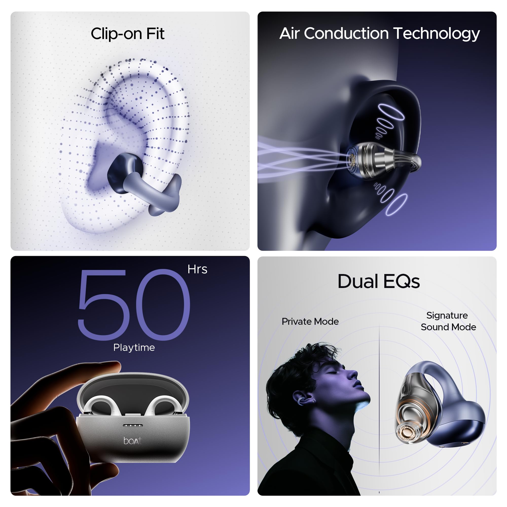 boAt Airdopes Loop Bluetooth in Ear Earbuds W/Clip-On Fit, Air Conduction Tech, 50HRS Battery, 4Mics Enx, Dual EQ Modes, 12Mm Drivers, 40Ms Latency,ASAP Charge,OWS Ear Buds Earphones(Lavender Mist) - Image 11