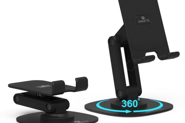 Amkette Ergo 360° Rotation Mobile Phone Holder, Foldable Design Mobile Stand with Stable Metallic Round Base, Multiple Height & Angle adjustments for Smartphones, Tablets, Kindles & iPad, (Black)
