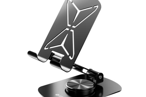 STRIFF mobSpin 360° Rotating Metal Phone Stand, Foldable Mobile Holder with Adjustable Height & Angle, Stable Round Base, Thick Case Friendly, for Smartphones, Tablets, Kindles & iPads – Black