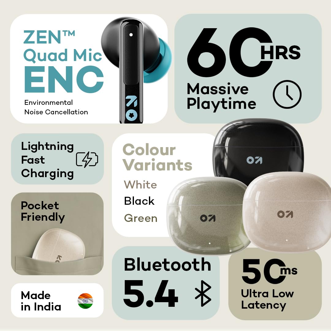 GOBOULT W60 with 60H Playtime, Zen Quad Mic ENC, 50ms Xtreme Low Latency, Made in India, Type-C Fast Charging, 13mm Driver, IPX5 Combat Gaming Mode,TWS Ear Buds Wireless (Green) - Image 10