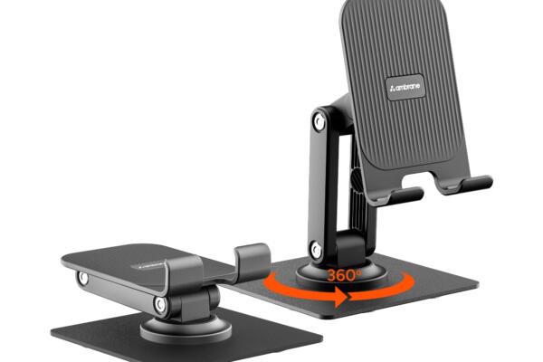 Ambrane 360° Rotation, Foldable Design Mobile Stand with Stable Metalic Round Base, Multiple Height & Angle adjustments Compatible with Smartphones, Tablets, Kindles & iPad (Twistand 360, Black)