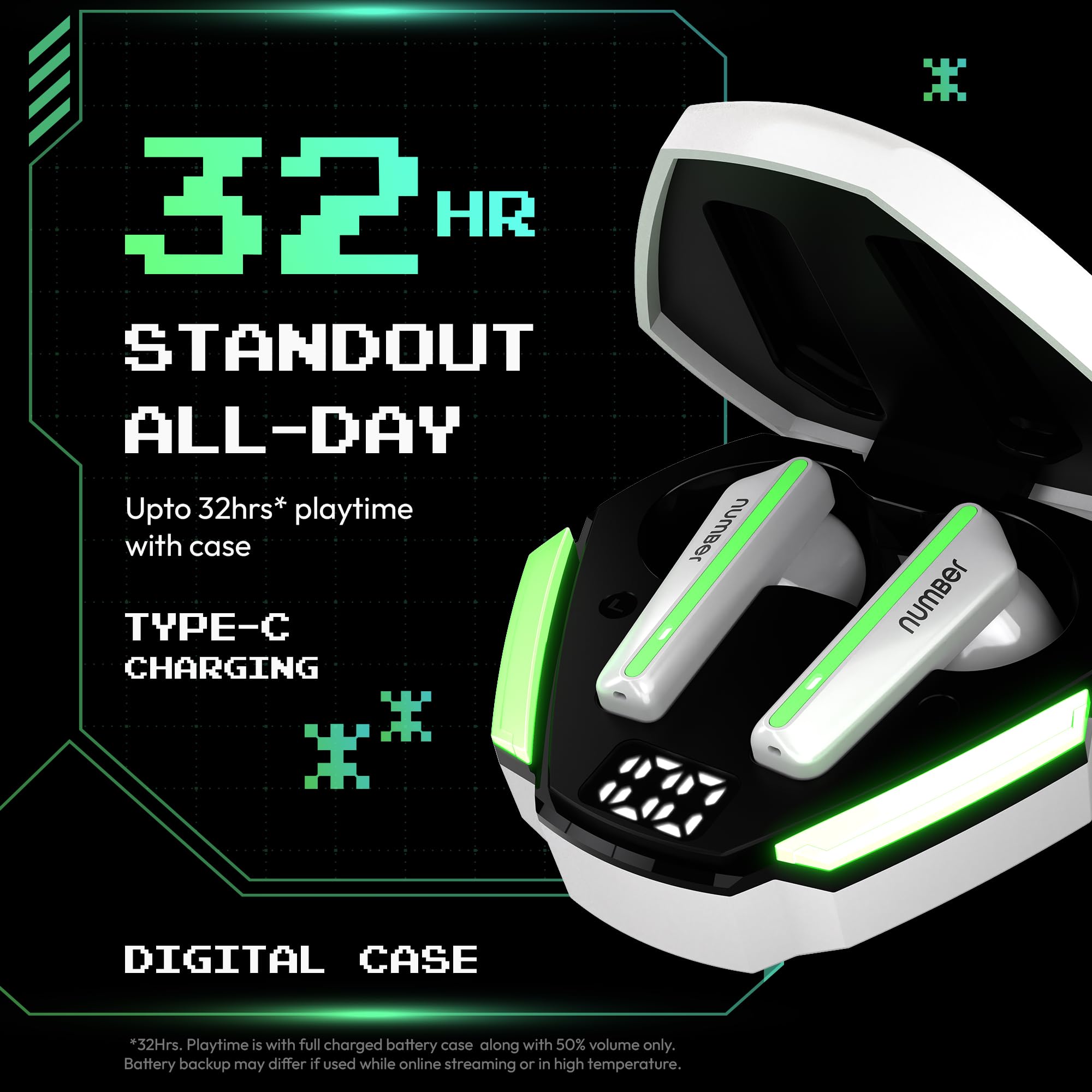 Number Super Buds 111, AI ENC Gaming TWS Earbuds, Low Latency 45MS, Upto 32Hrs Playback Bluetooth (White Neon) - Image 2