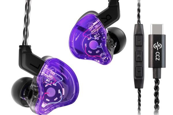 CCZ Melody USB C Earbuds, 1DD 1BA Drivers USB C Wired Headphones, USB C Earphones with Comfortable Ear fins, Type c Headphones for ipad Samsung Galaxy s23 s22 s21 s20 Phone (Purple, USBC with mic)