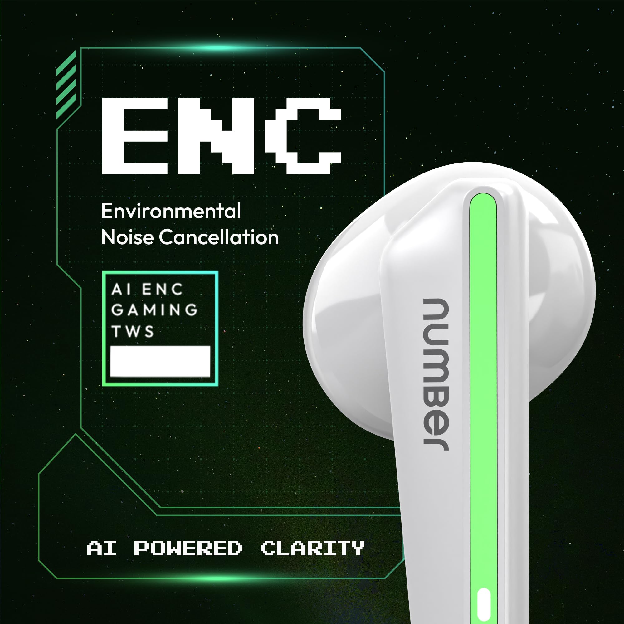Number Super Buds 111, AI ENC Gaming TWS Earbuds, Low Latency 45MS, Upto 32Hrs Playback Bluetooth (White Neon) - Image 3