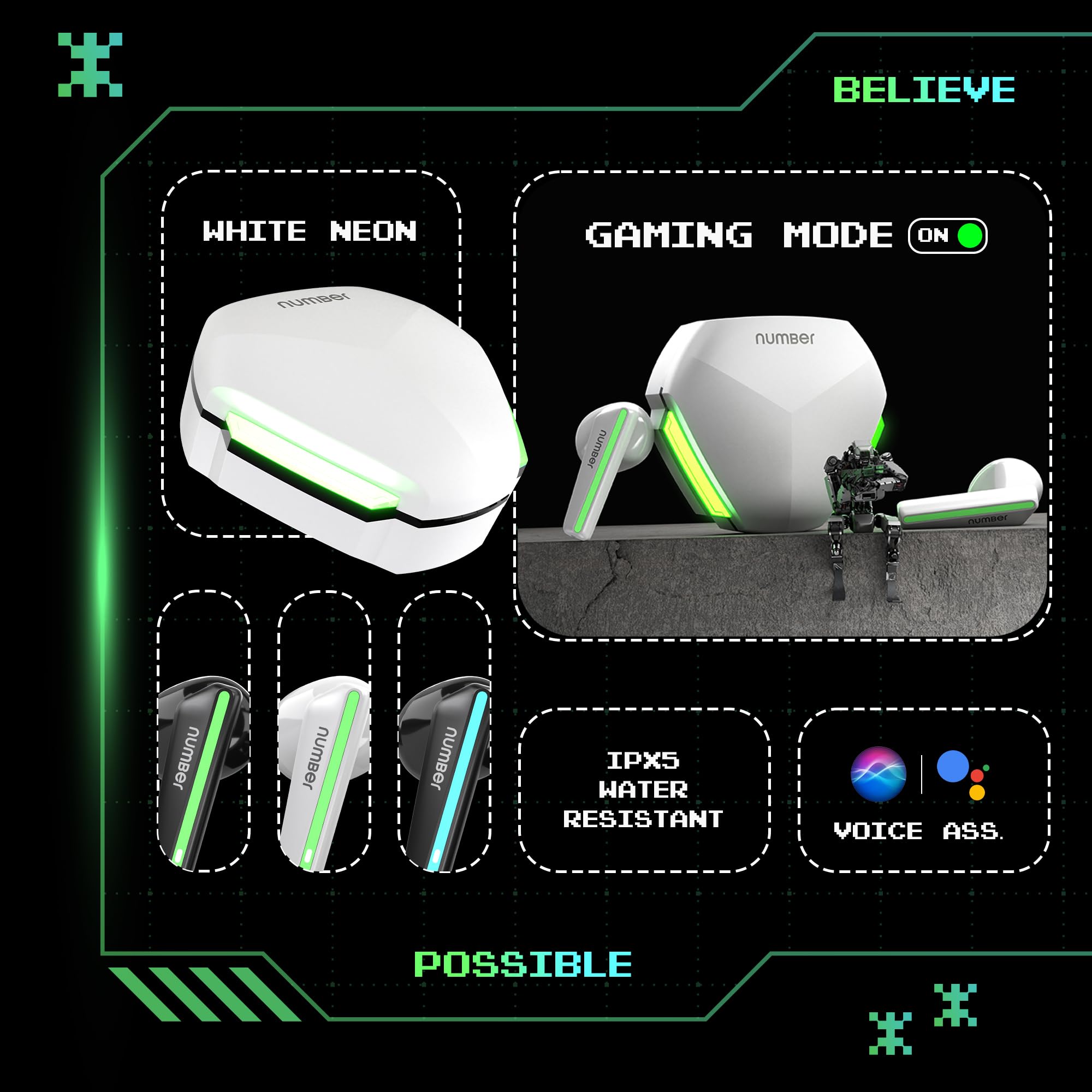 Number Super Buds 111, AI ENC Gaming TWS Earbuds, Low Latency 45MS, Upto 32Hrs Playback Bluetooth (White Neon) - Image 5