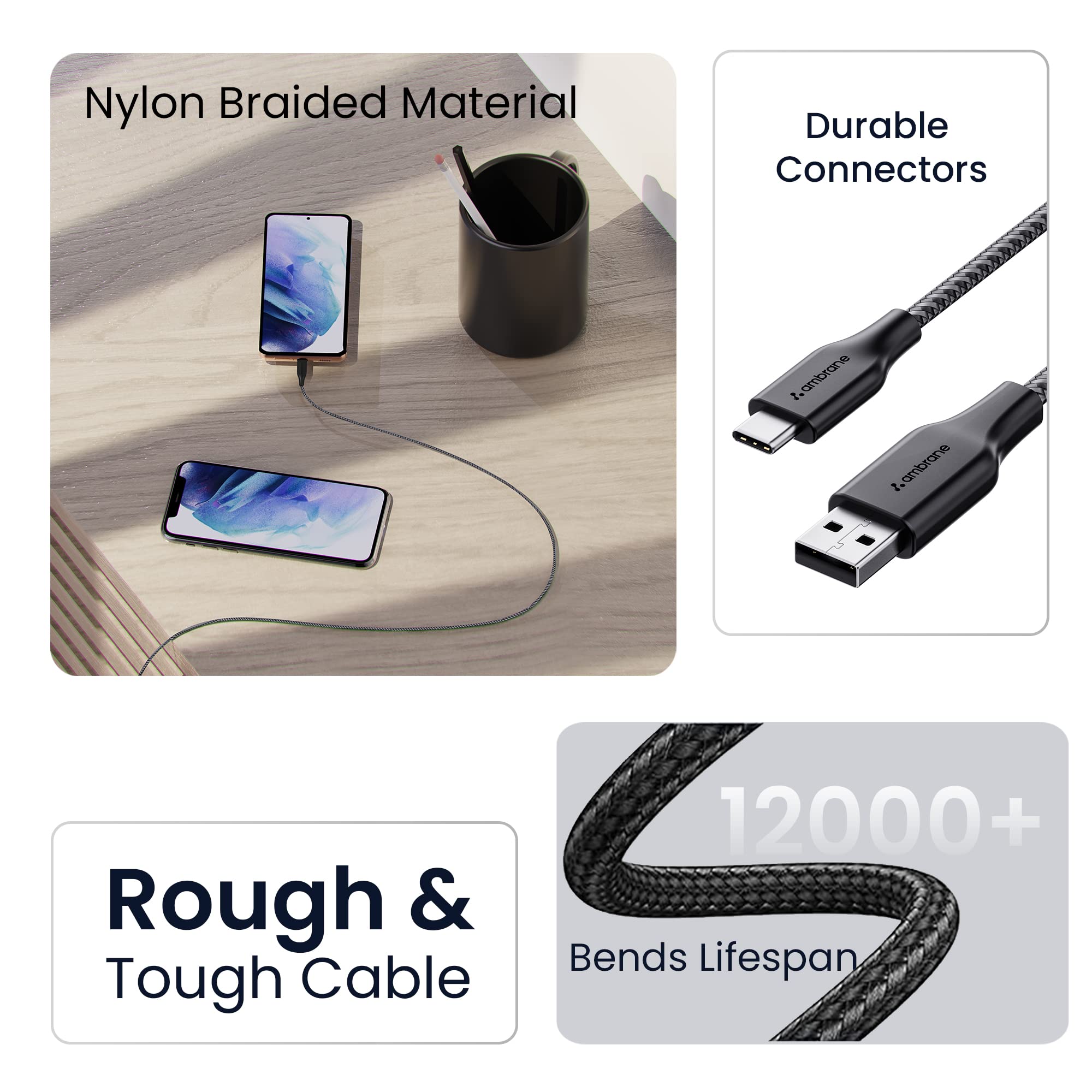 Ambrane Unbreakable 3A Fast Charging 1.5m Braided Type C Cable for Smartphones, Tablets & other Type C devices, 480Mbps Data Sync, Quick Charge 3.0 (RCT15A, Black) - Image 4