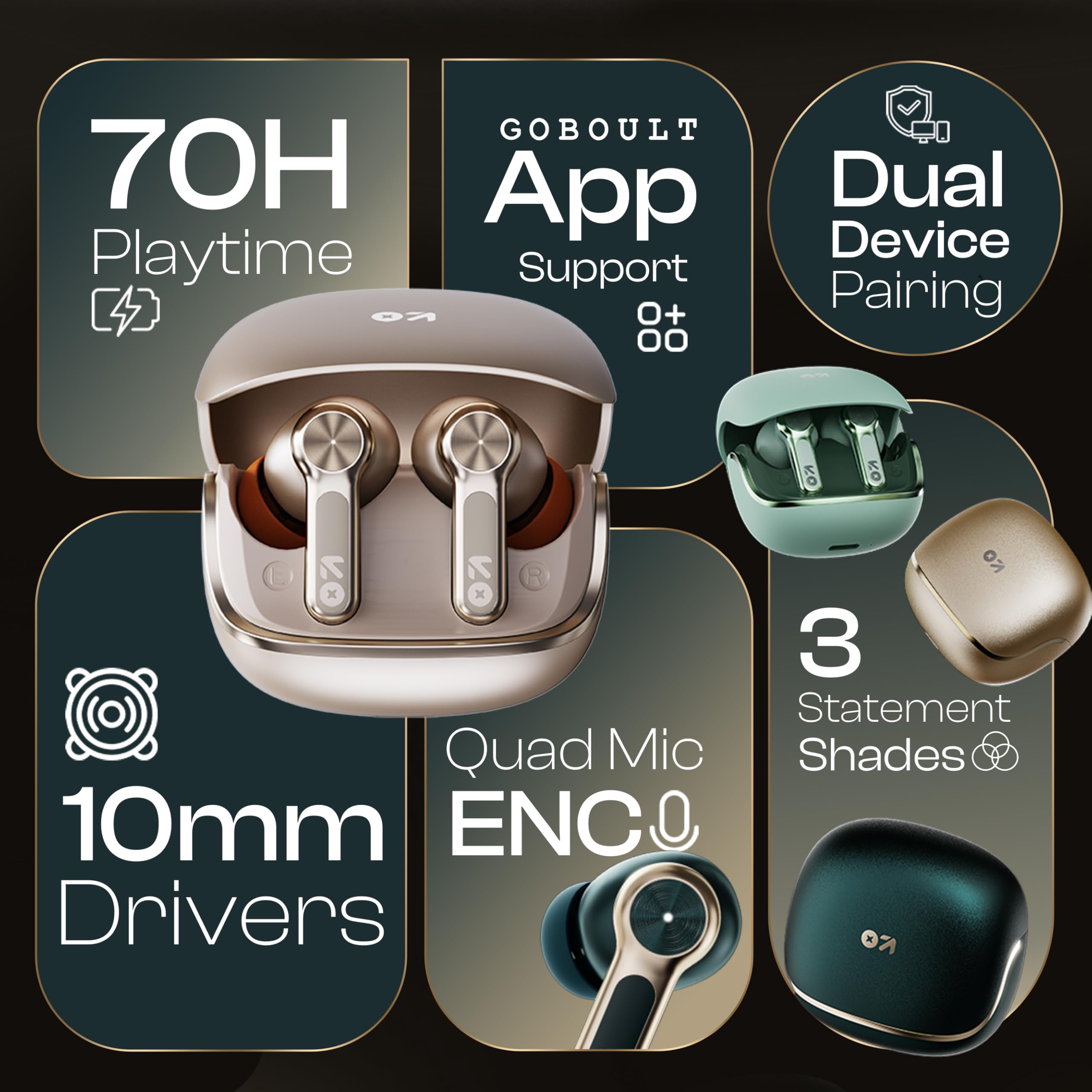 GOBOULT Raven in Ear TWS Earbuds with 70H Playtime, App Support, Quad Mic ENC, Dual Device Pairing, 10mm Bass Driver, 50ms Ultra Low Latency, Bluetooth 5.4 Wireless Earbuds (Ice Mint) - Image 13