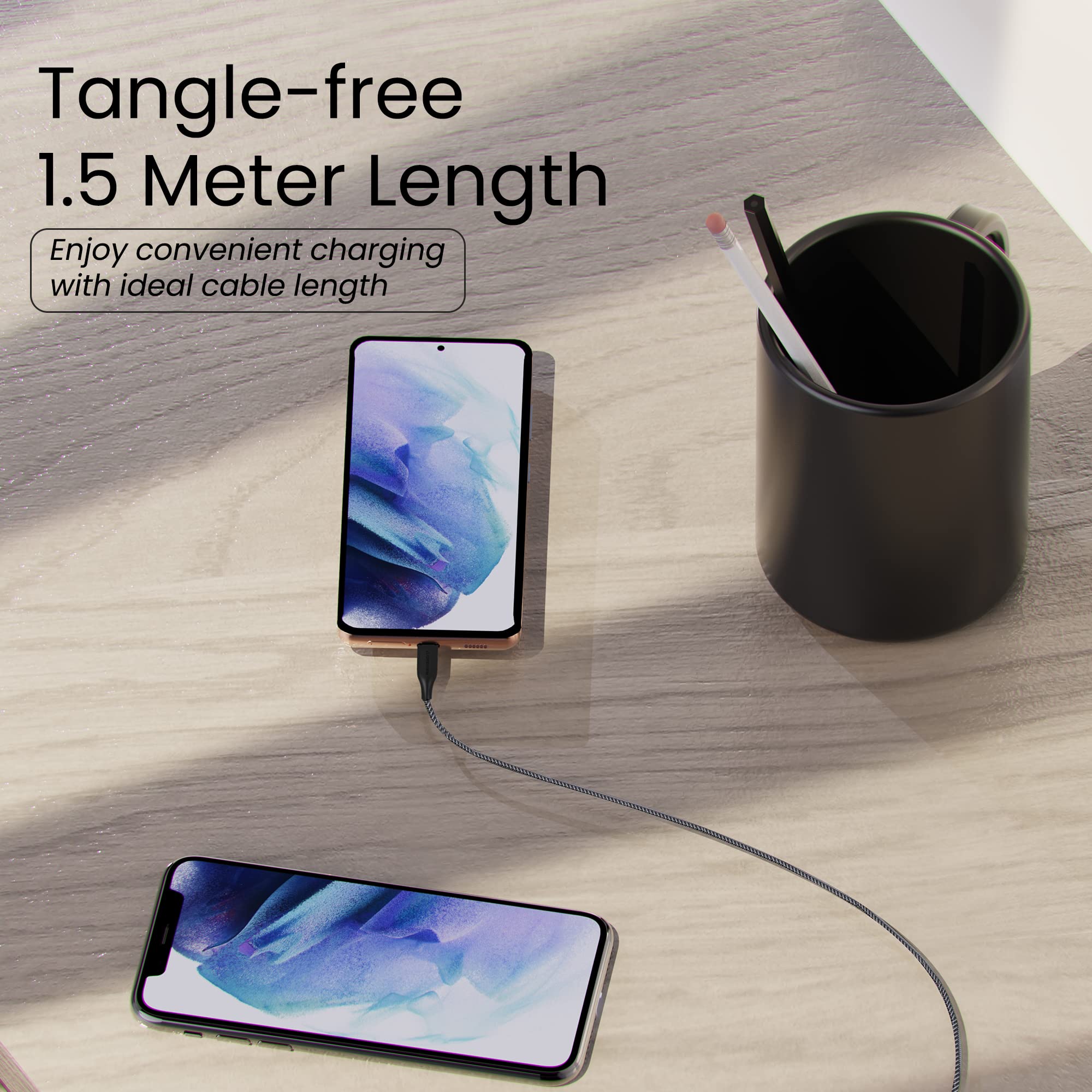Ambrane Unbreakable 3A Fast Charging 1.5m Braided Type C Cable for Smartphones, Tablets & other Type C devices, 480Mbps Data Sync, Quick Charge 3.0 (RCT15A, Black) - Image 2