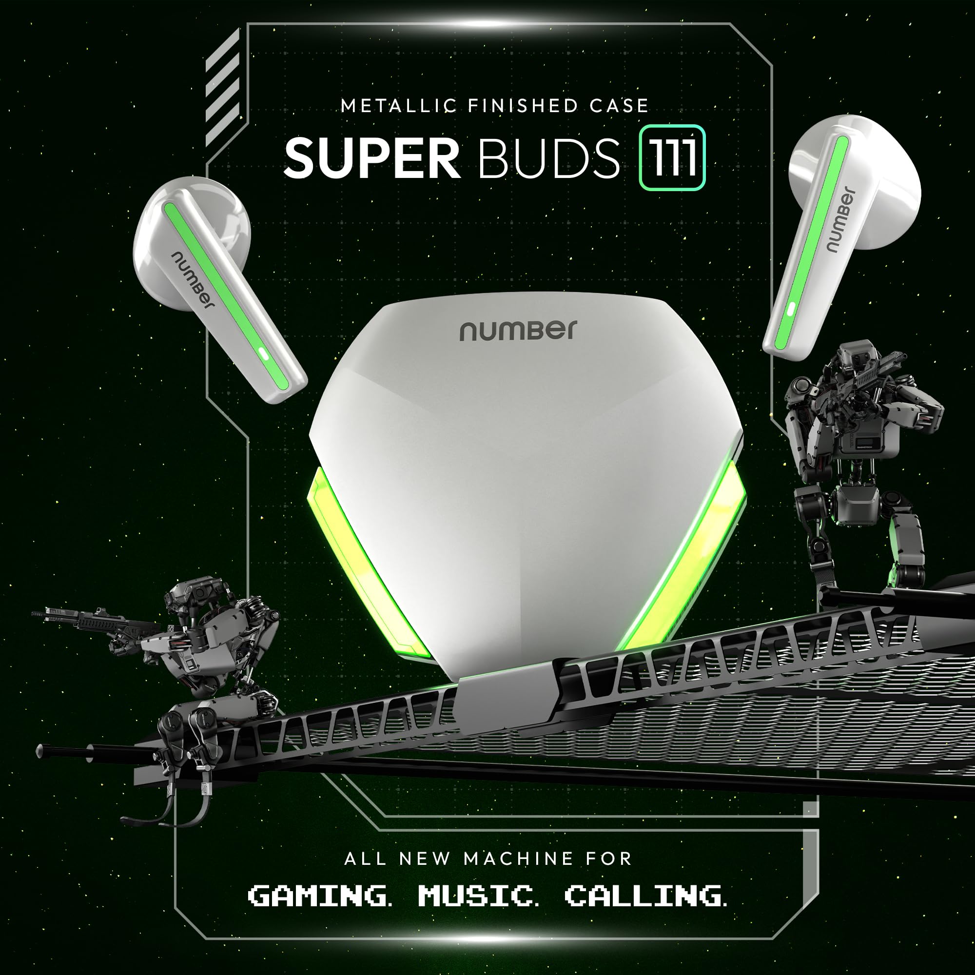 Number Super Buds 111, AI ENC Gaming TWS Earbuds, Low Latency 45MS, Upto 32Hrs Playback Bluetooth (White Neon) - Image 4